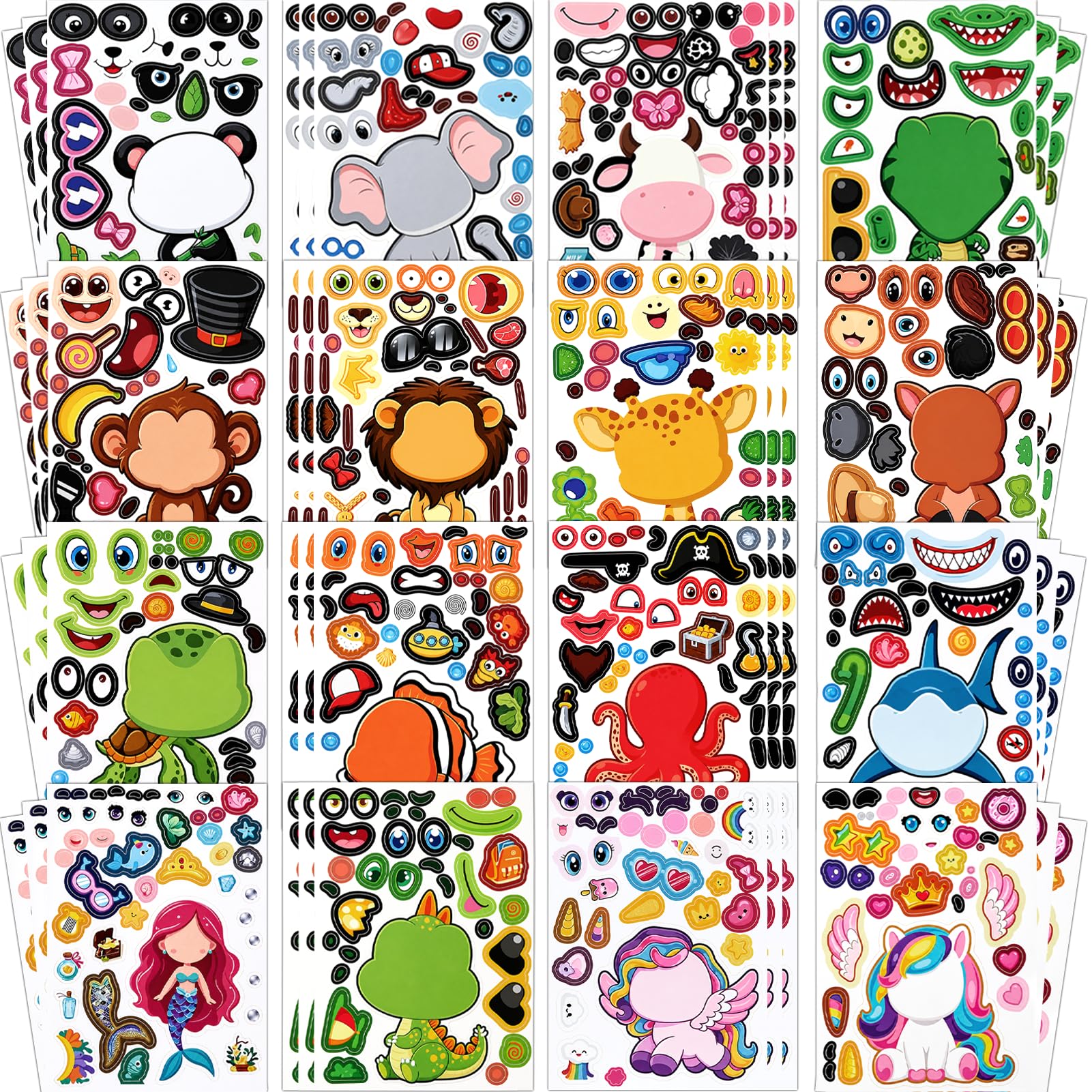 Ballery 48 Sheets Make a Face Animal Stickers for Children, 16 Designs DIY Mix and Match Stickers with Dinosaur & Unicorn, Party Bag Fillers & Kids Crafts