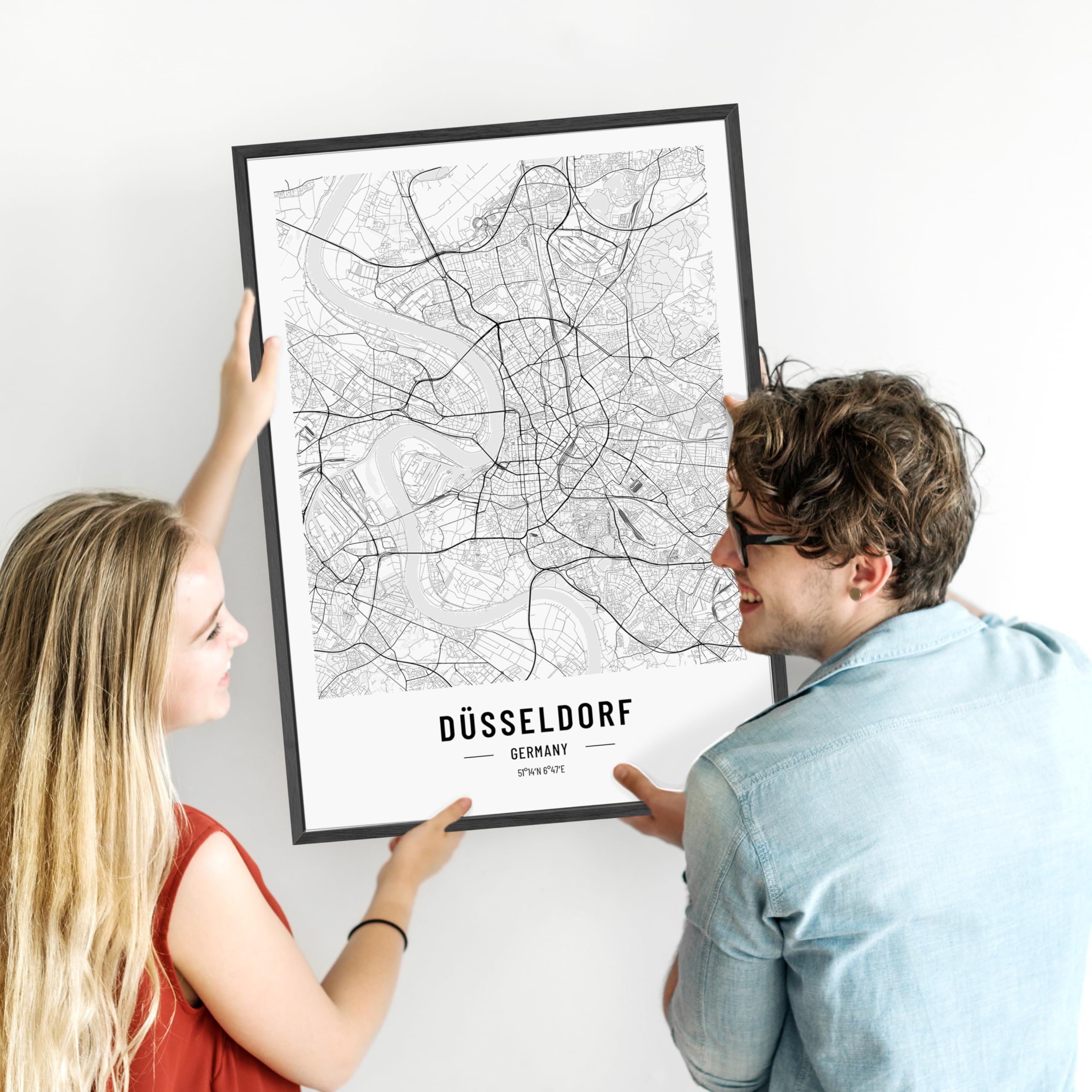 JUNOMI® Düsseldorf Poster DIN A2 mit Rahmen Schwarz, DIN A2 Wohnzimmer Deko, Modernes Wandbild, Düsseldorf Bild, Wandbild mit Rahmen, Stadtplan Poster Düsseldorf, perfekte Geschenkidee