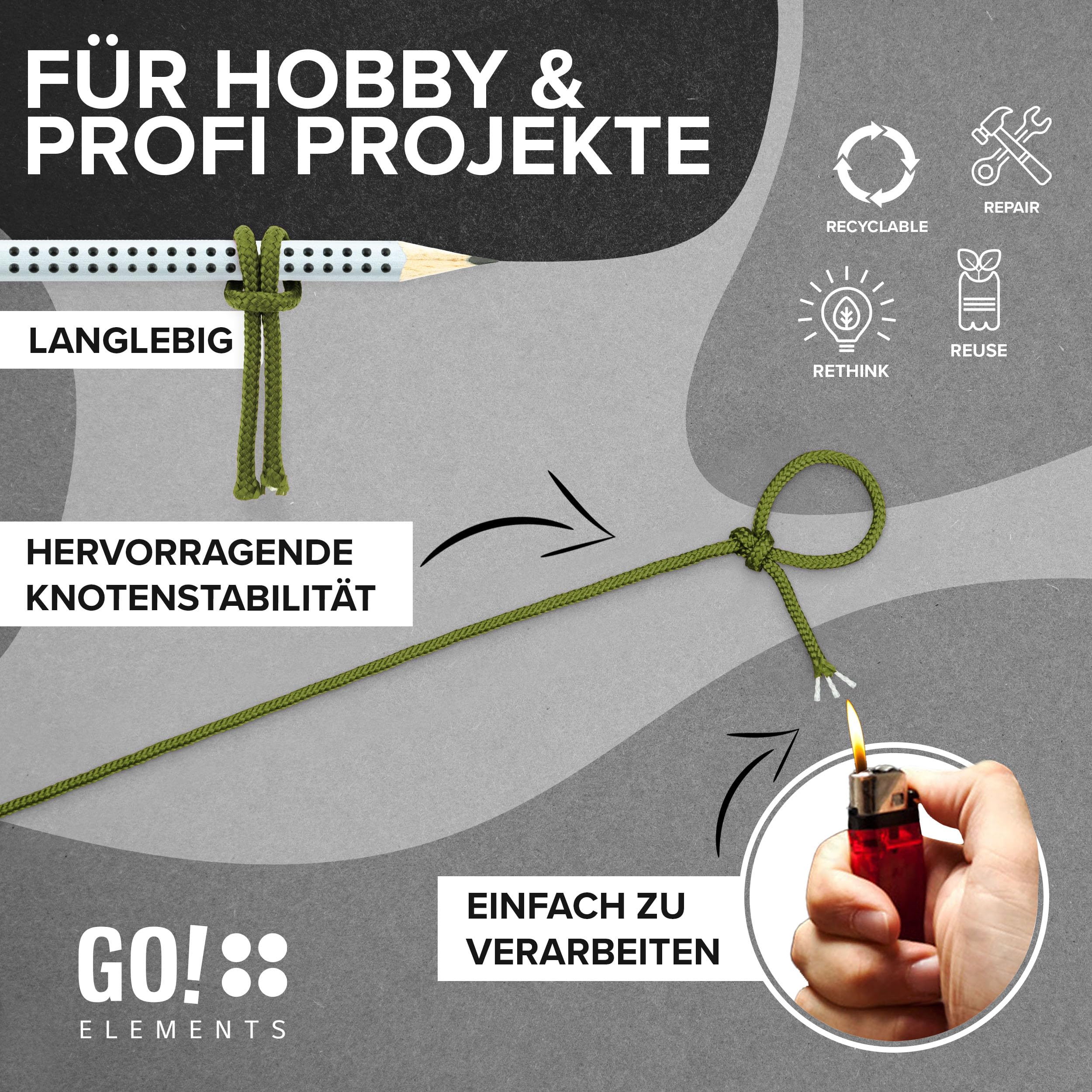 GO!elements Paracord Seil aus reißfestem Nylon - 3mm Paracord 425 Typ II max. 192kg - Schnüre als Outdoor Seil, Allzweckseil, Survival Seil, Armband, Hundeleine, Nylonschnur