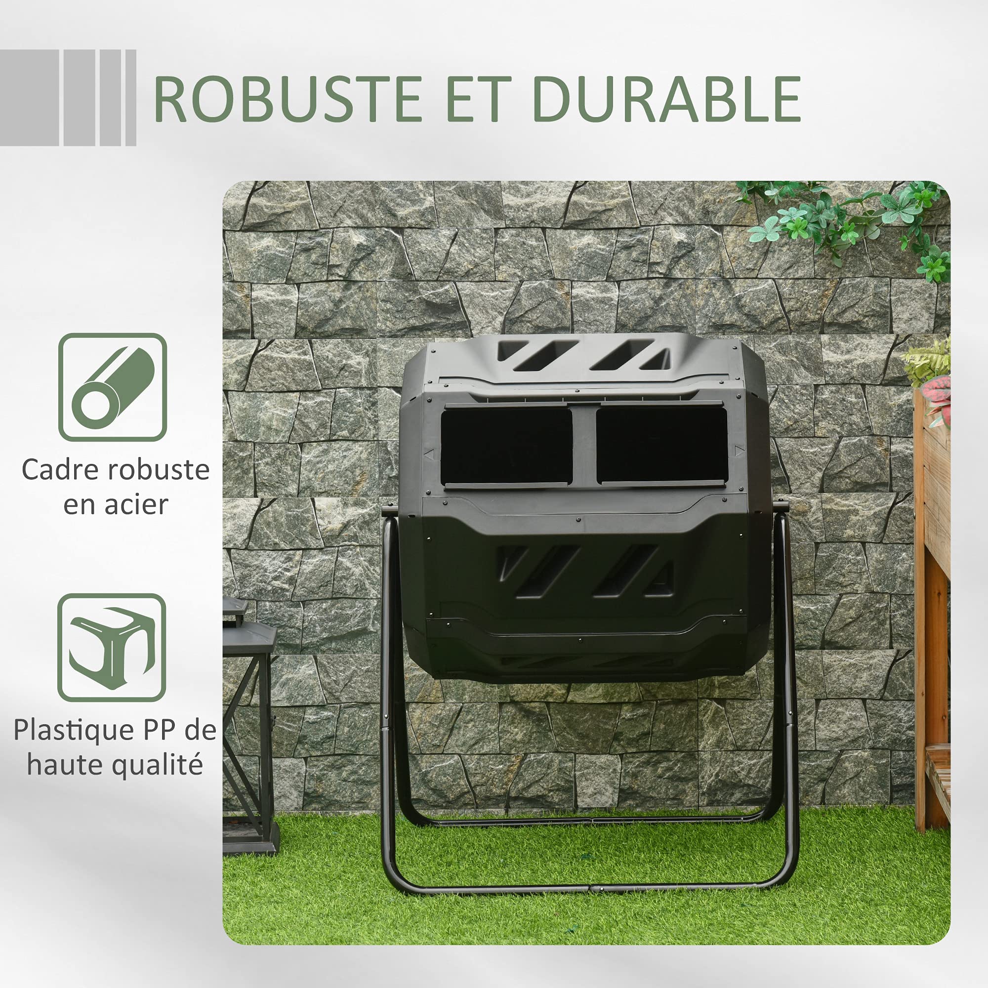 Outsunny Composteur de Jardin - bac à Compost pour déchets - Rotatif 360° - Double Chambre 160 L - Acier PP Noir