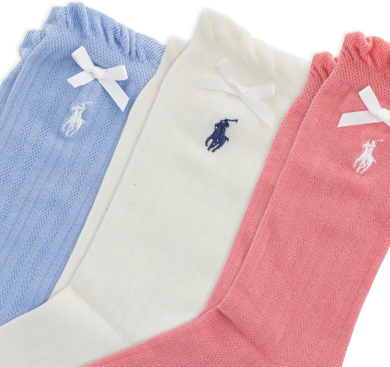 POLO RALPH LAUREN Girls' Ribbon Pointelle Ankle Socks - 3 Pair Pack - Cotton Ruffle Top