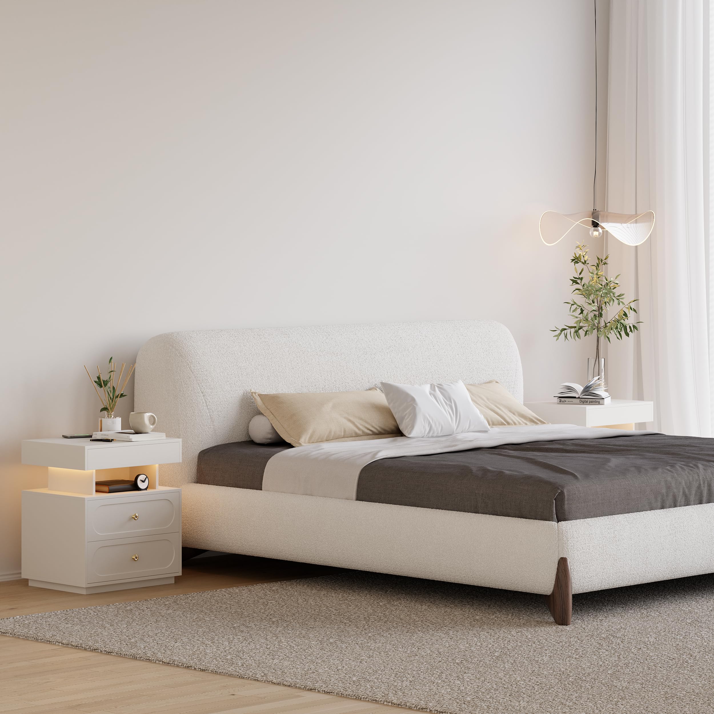 Homary Schwebender Nachttisch mit LED & Ladefunktion – Moderner Nachtschrank mit 3 Schubladen, USB, Typ-C und Steckdosen für Schlafzimmer, Weiß