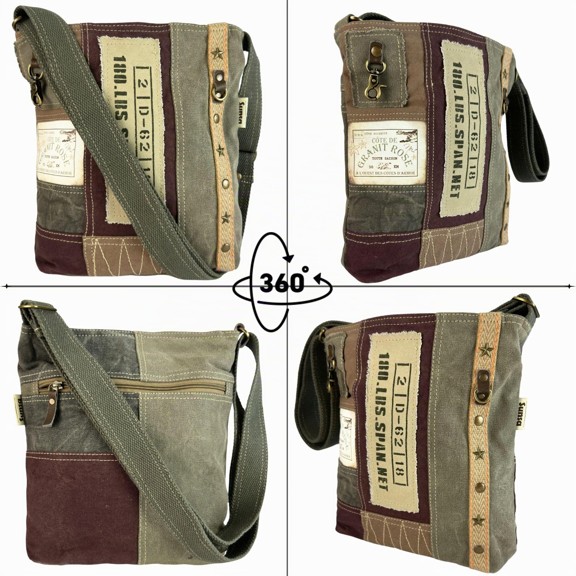 Sunsa Umhängetasche. Große Damen Tasche aus Canvas & Leder, braun khaki