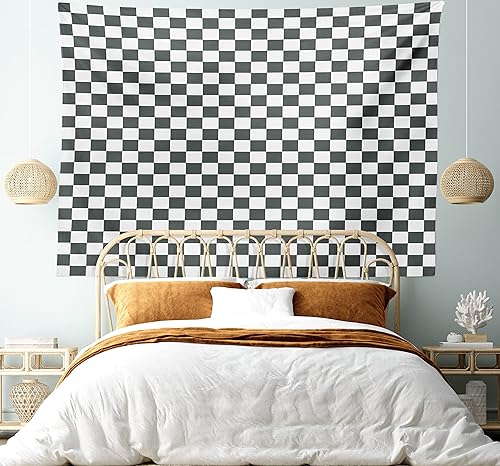 Vista 5 de Ambesonne Tapiz a cuadros, composición monocromática clásica inspirada en tablero de ajedrez abstracto, impresión de azulejos abstractos para colgar