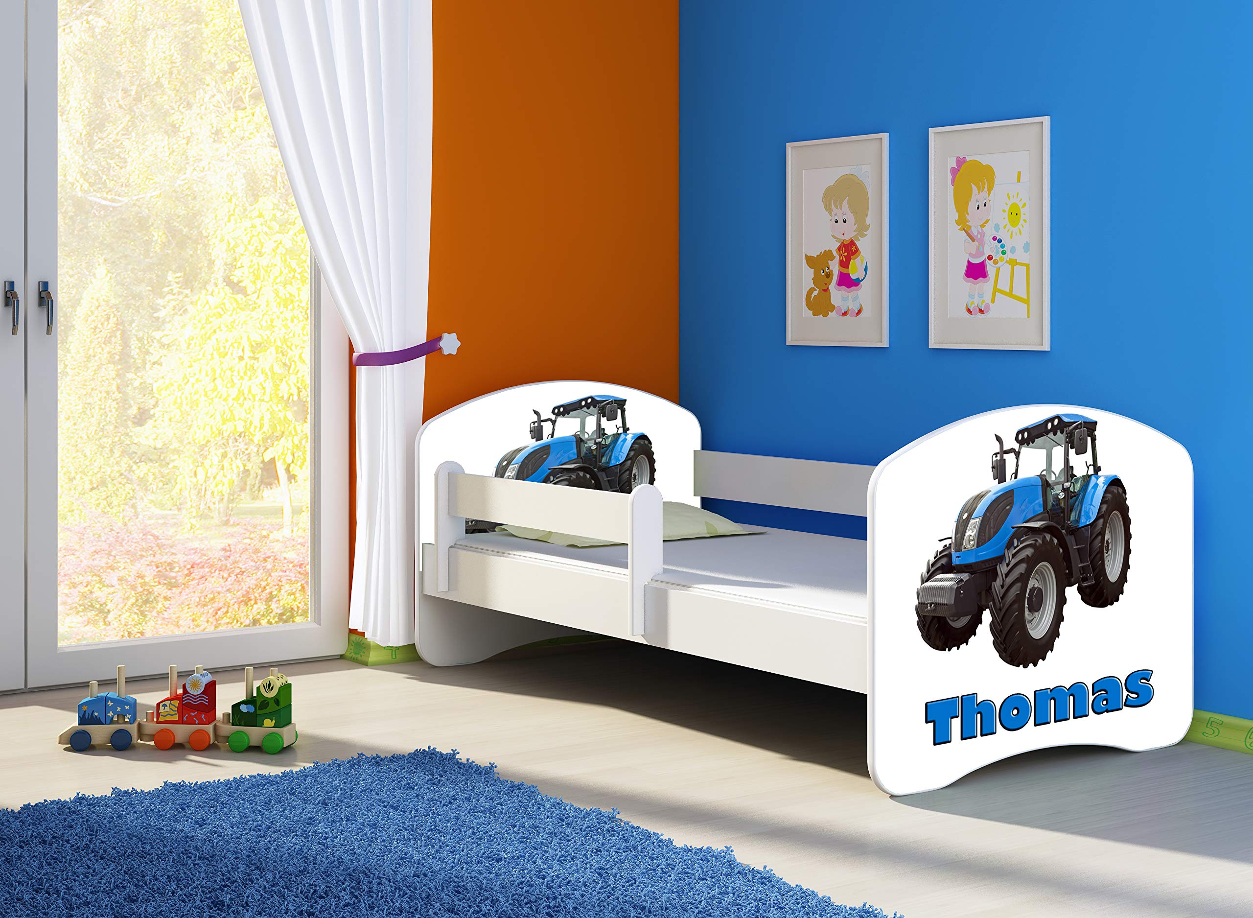 ACMA II Letto per bambino Cameretta per bambino con materasso Rete a doghe, Bianco (42 Trattore, 140x70)