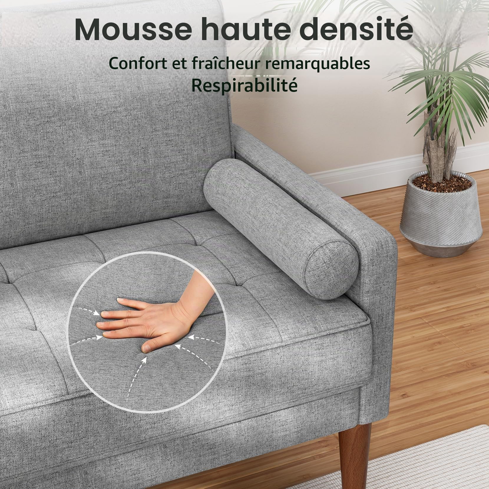 Vesgantti Canapé 2 places moderne, gris clair, avec 2 coussins de jeter, petit canapé en tissu, accoudoirs, boutons, coussin d'assise, canapé d'invités, pour salon, appartement, bureau, 121 x 77 x 87