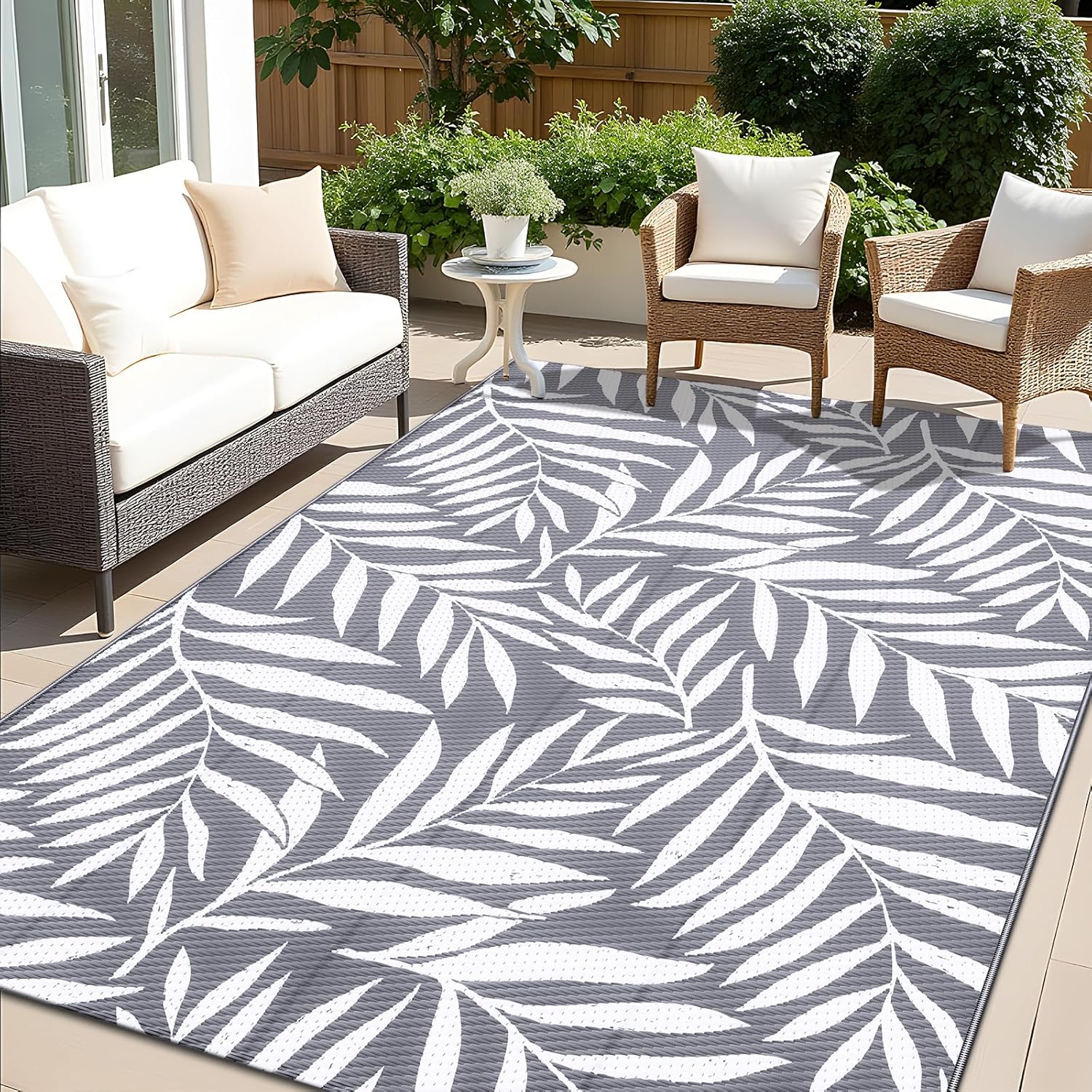OLANLY Waterproof Outdoor Rug 5x8 ft, Reversible Outdoor Plastic Straw Rug with Leaf Pattern, RV Mat, Indoor Outdoor Carpet for Patio, Camping, Balcony, Deck, Backyard, Grey & White Grey & White 5' x 8' (Rectangular)
