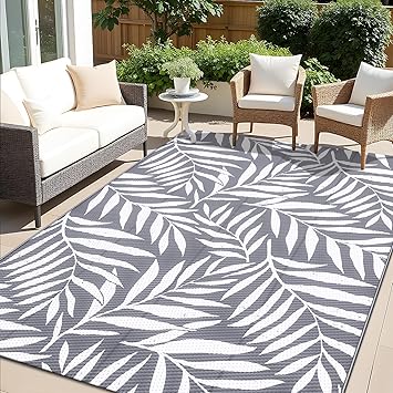 OLANLY Waterproof Outdoor Rug 5x8 ft, Reversible Outdoor Plastic Straw Rug with Leaf Pattern, RV Mat, Indoor Outdoor Carpet for Patio, Camping, Balcony, Deck, Backyard, Grey & White