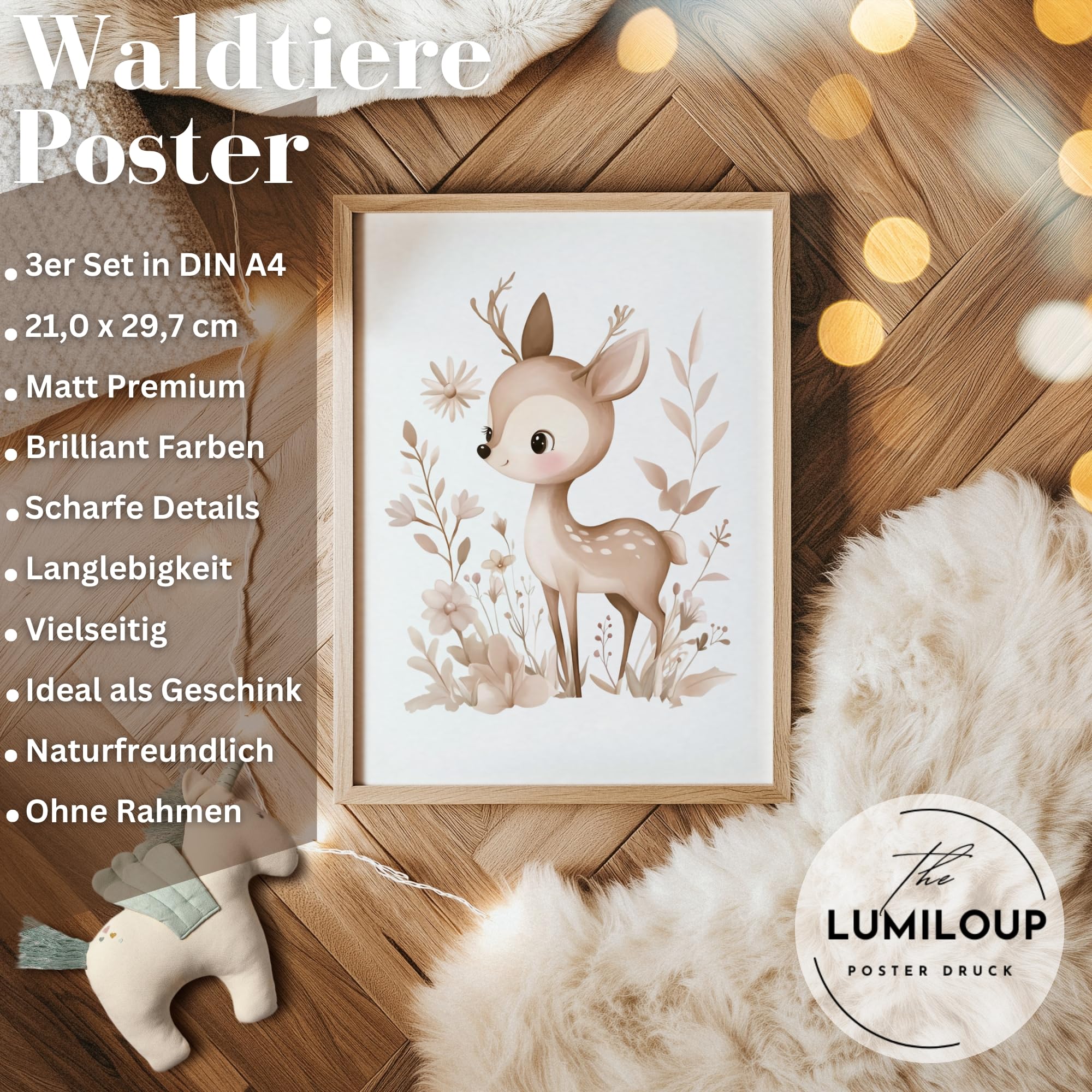 4er Set Kinderzimmer Poster Tiere - Aquarell Waldtiere DIN A4 Wandbilder