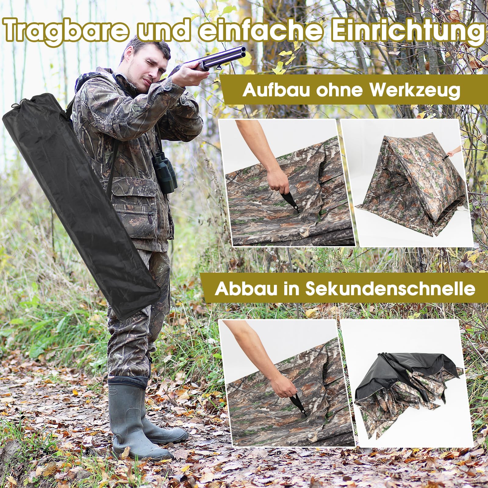 COSTWAY Einseitig durchsichtiges 270° Jagdzelt, Pop-Up-Unterstand für 2–3 Personen mit geräuschlosem Schiebefenster & Tragetasche, Jagdversteck für die Hirsch- & Truthahnjagd, Camouflage