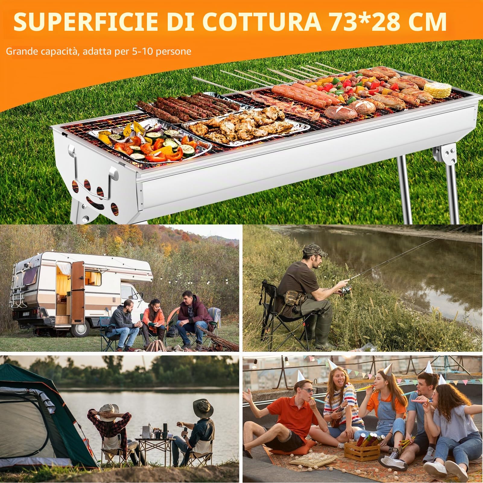Barbecue a carbonella XXL (73 * 28 * 76 cm), Barbecue portatile a carbone, Griglia pieghevole in acciaio inox, Barbecue a carbone per esterni, Barbecue da tavolo a carbonella, Carrello barbecue