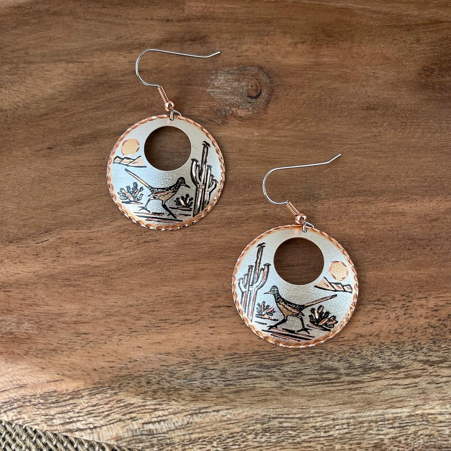 FRONT LINE JEWELRY Southwestern Roadrunner Earrings – Handcrafted Copper & Colorful Designs with Cactus & Roadrunner Motif – Boho Western Jewelry Gift for Her