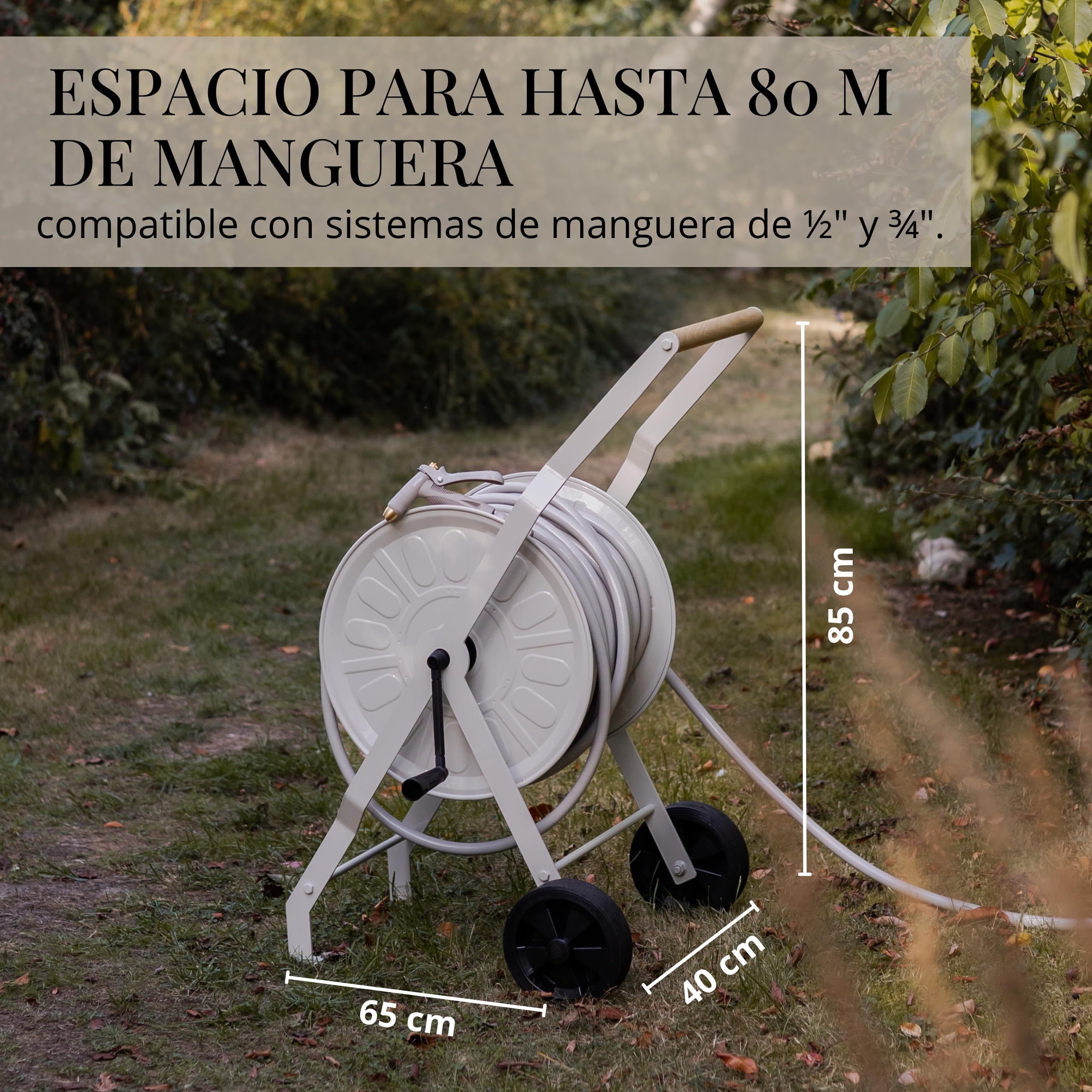 LIVLIG Carro para mangueras de Metal, Carro para mangueras de jardín de Primera Calidad, Carro para mangueras de hasta 50 m de Manguera de jardín, Fabricado en Europa, Color: Greige