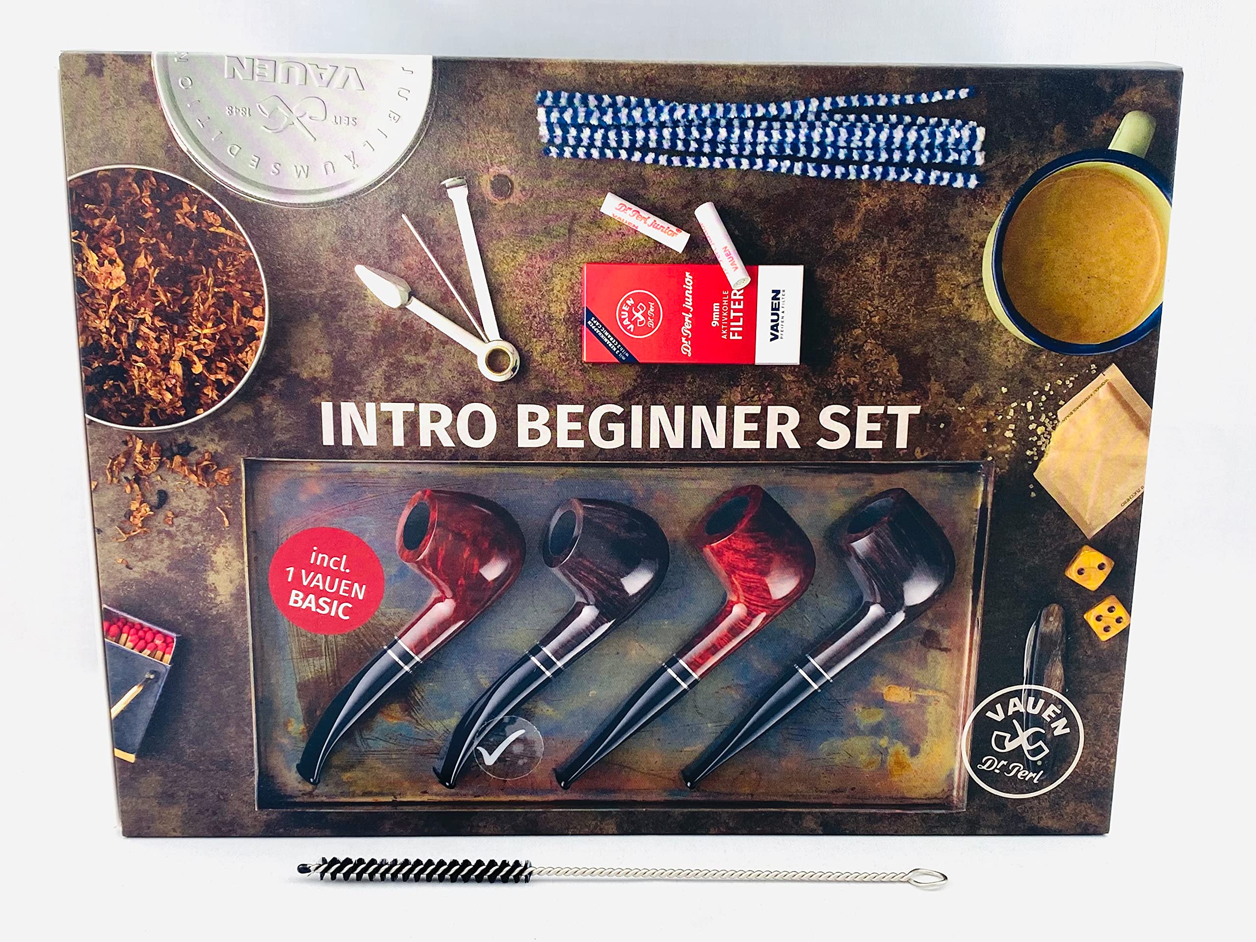 VAUEN Pfeife Beginner (Intro) 3 Starter Set - gebogen dunkel braun inkl. meytrade Pfeifenbürste