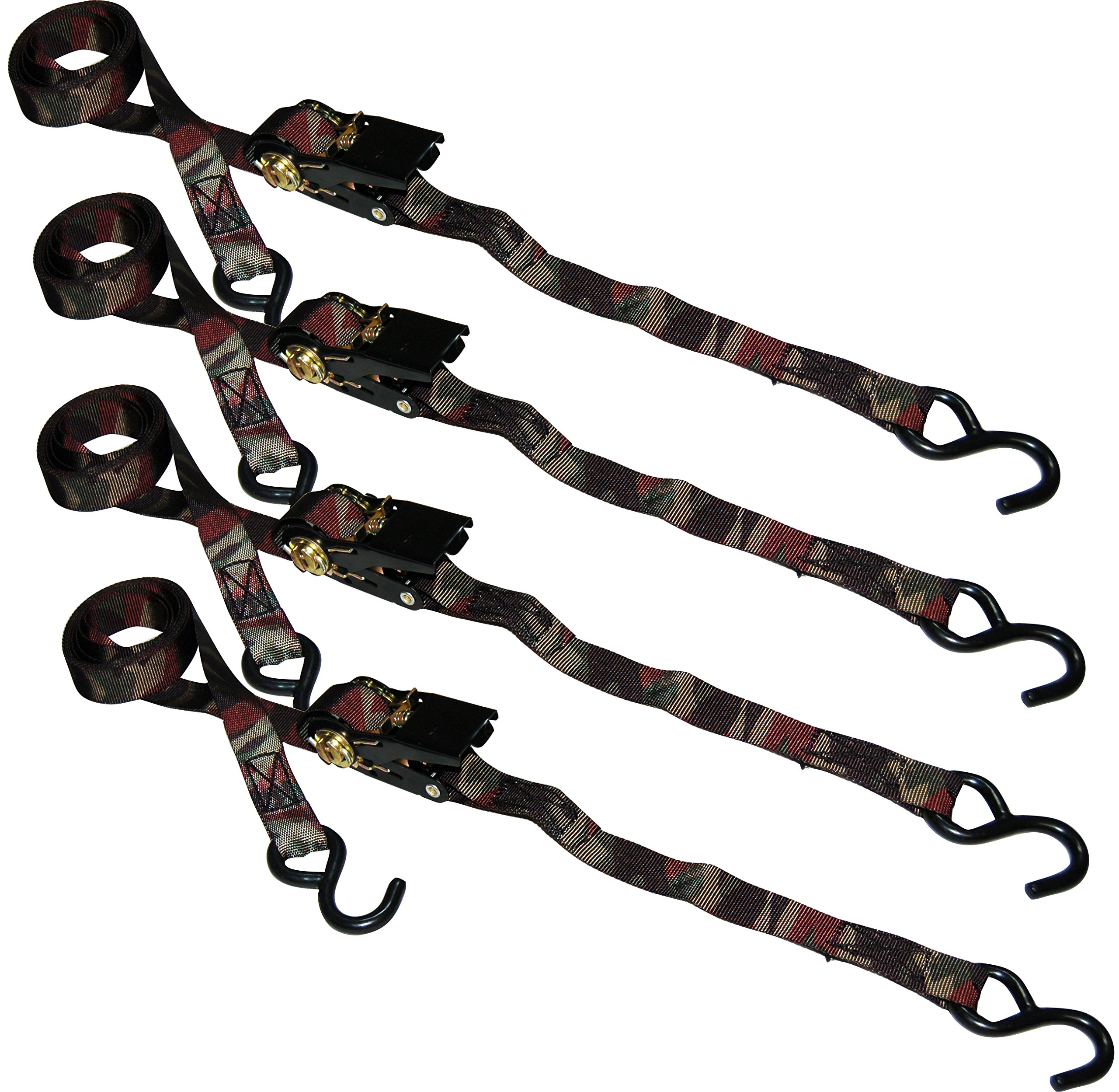 S-Line SL66 Ratchet Tie Downs with S-Hooks, Camouflage Webbing, 1-Inch by 8-Inch, 400-Pounds Working Load Limit, 4-Pack