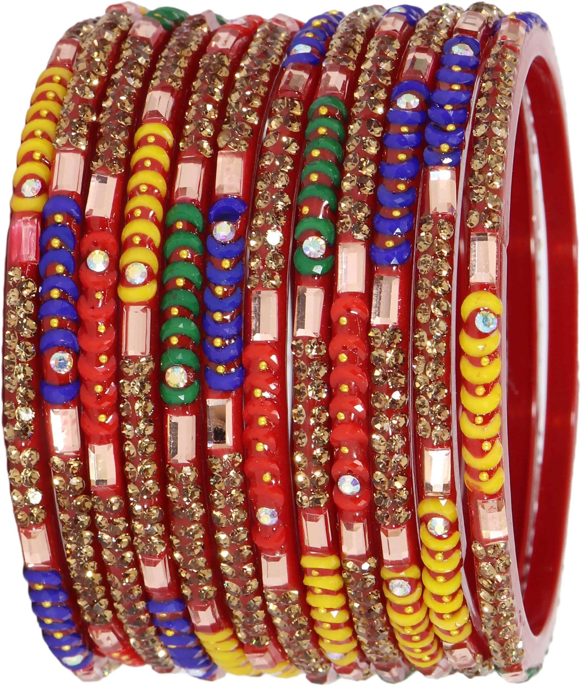 LAVAZZA Premium Glass Bangles Set with Golden Diamond Stone, Beads & Mirror For Women & Girls | Designer Fancy Chudi Set | Traditional Women's Glass Bangles | Fashion Jewellery- Set of 12