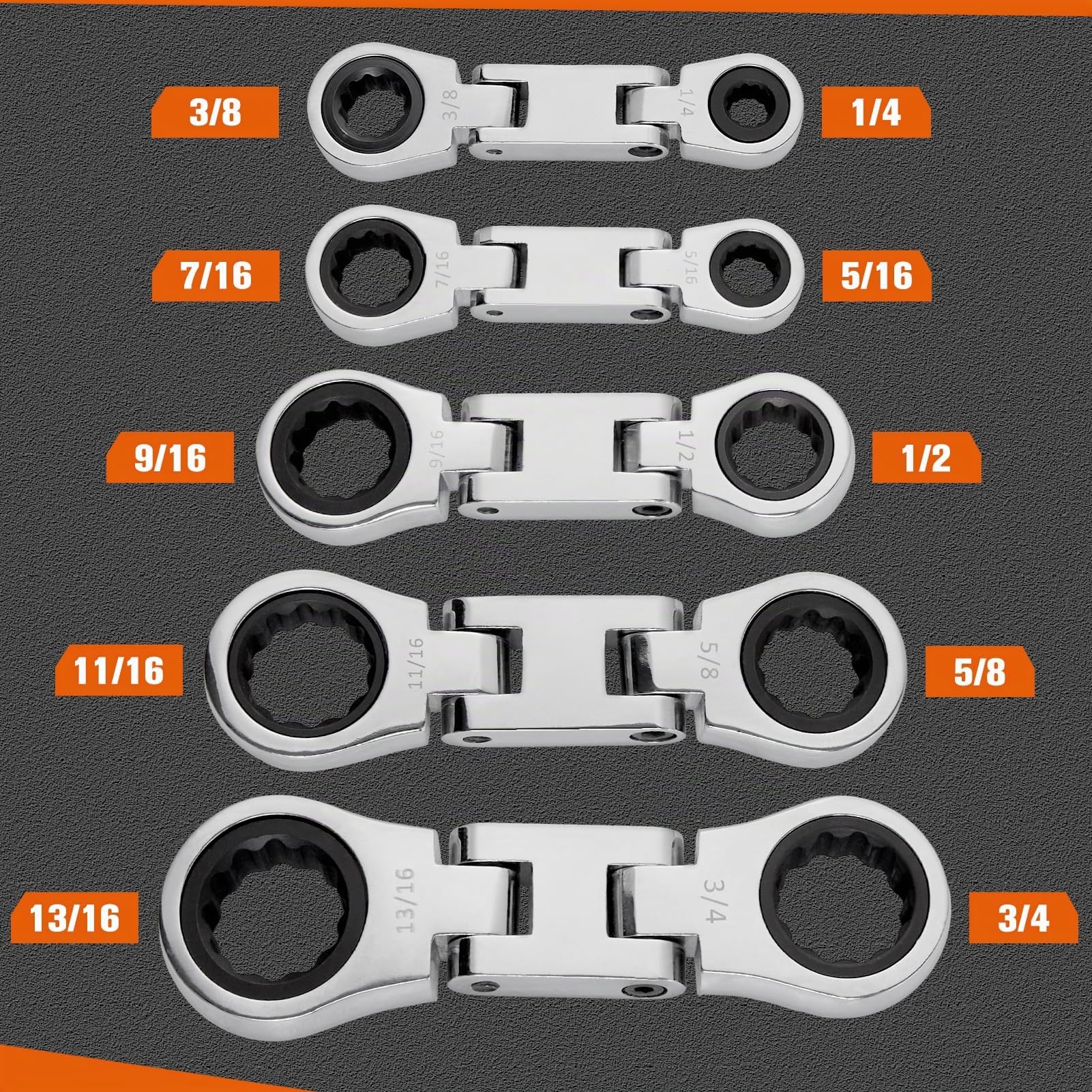 SPEEDWOX Jeu de 5 clés courtes SAE 1/4” -13/16” Clé à cliquet à tête flexible double embout avec cliquet 72 dents Construction en acier CR-V