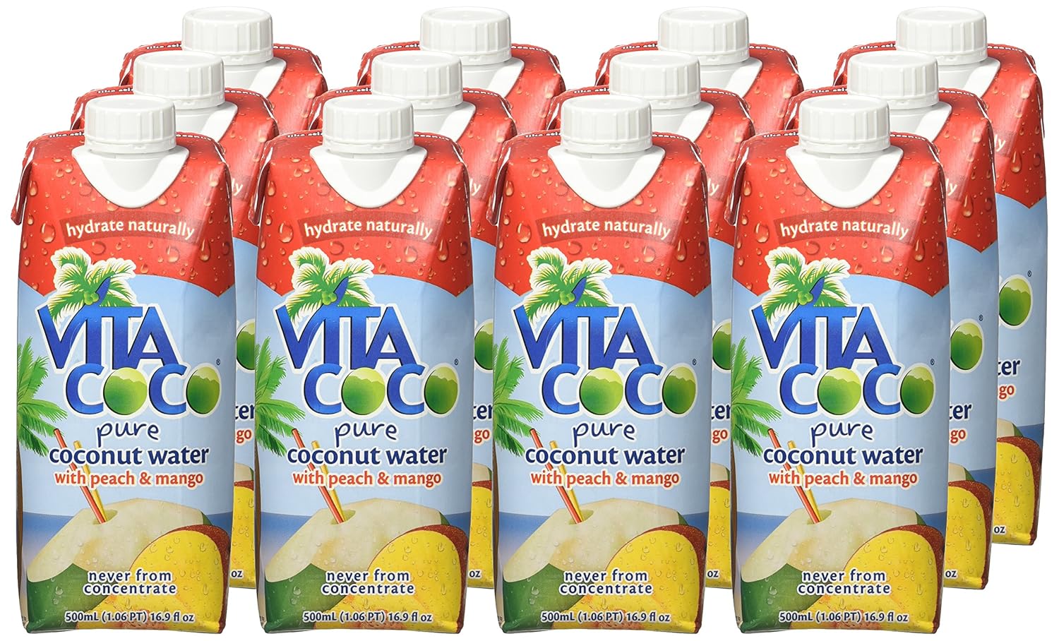 Vita Coco Coconut Water, Peach & Mango - Naturally Hydrating Electrolyte Drink - Smart Alternative to Coffee, Soda, and Sports Drinks - Gluten Free - 16.9 Fl Oz (Pack of 24)
