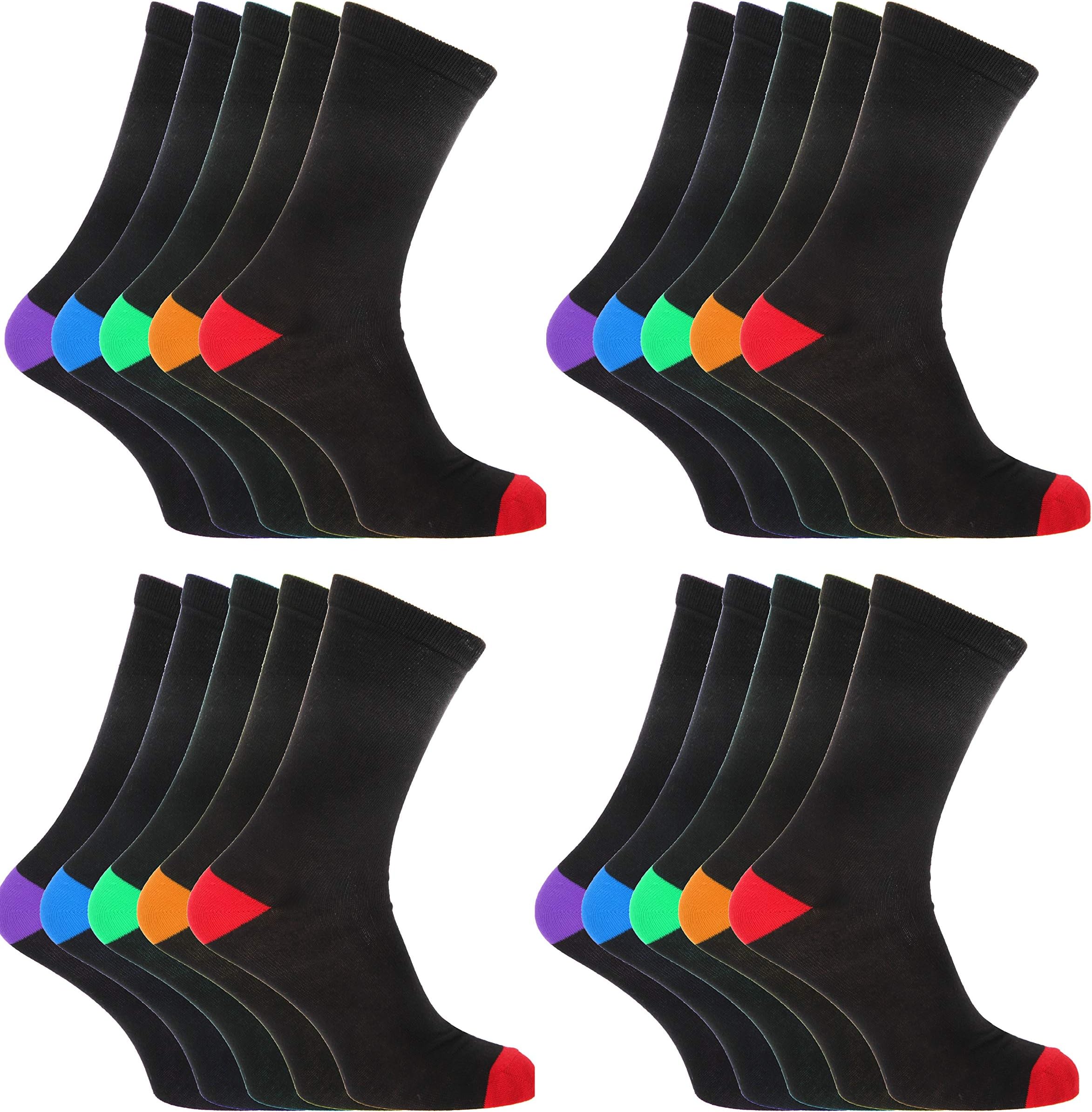 12 PAIRS ADULTS MEN BLACK COTTON SOCKS WITH COLOURED HEELS & TOES uk size 6-11