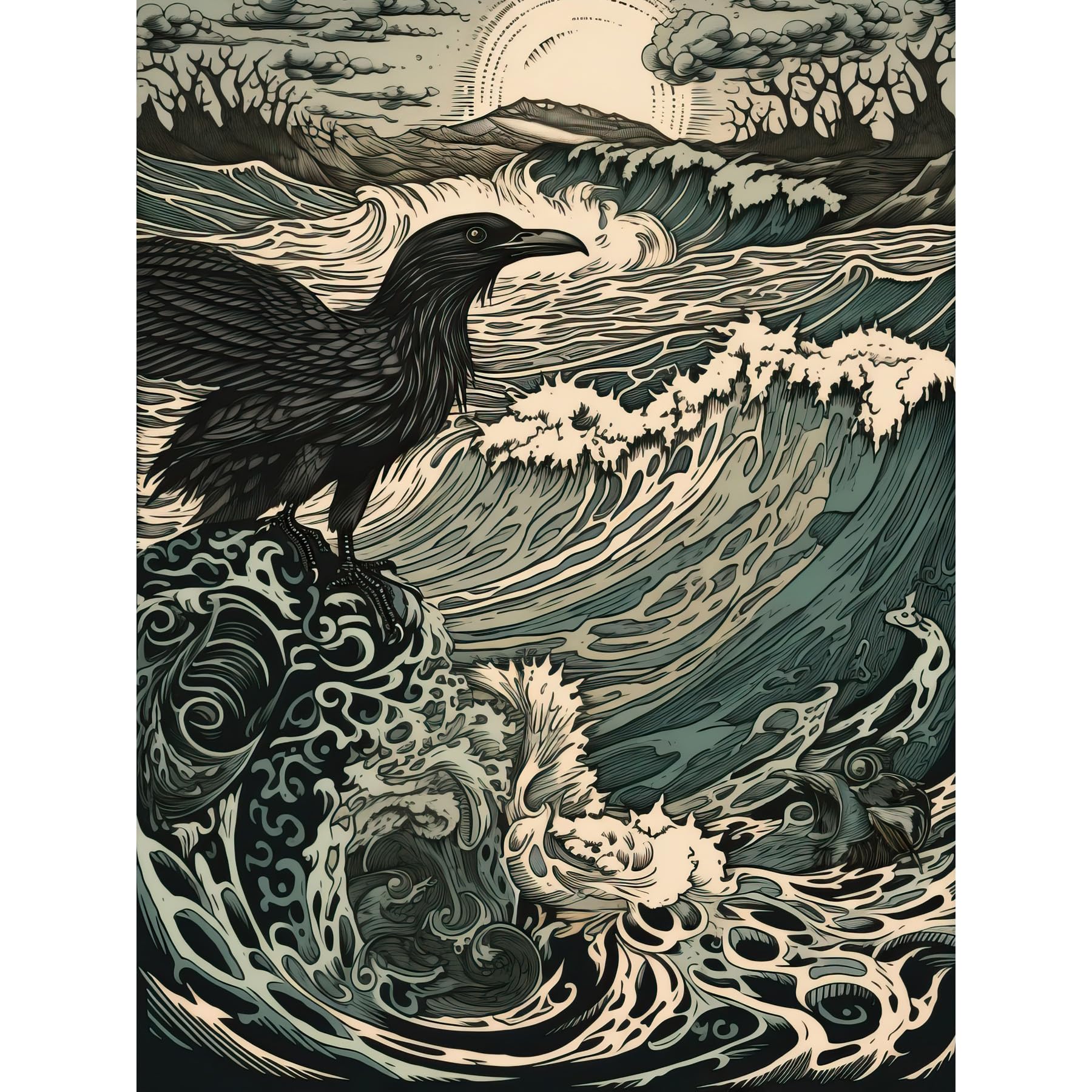 Artery8 Raven and Crashing Waves Coastal Sunrise Landscape Large Wall Art Poster Print Thick Paper 18X24 Inch