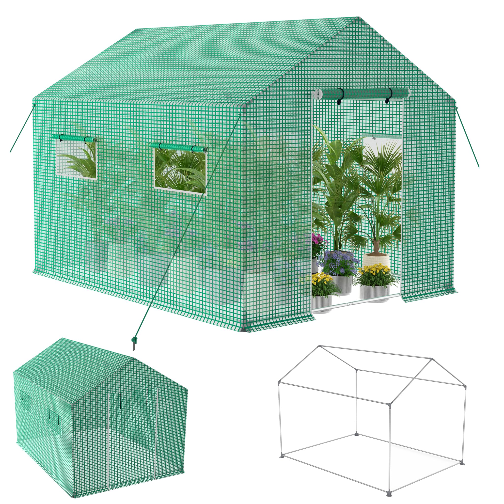 XMTECH Szklarnia foliowa 300 x 200 x 200 cm, szklarnia na pomidory, warzywa, owoce, do ogrodu, z odporną na promieniowanie UV folią siatkową i pilotem, spadzisty dach, zielona