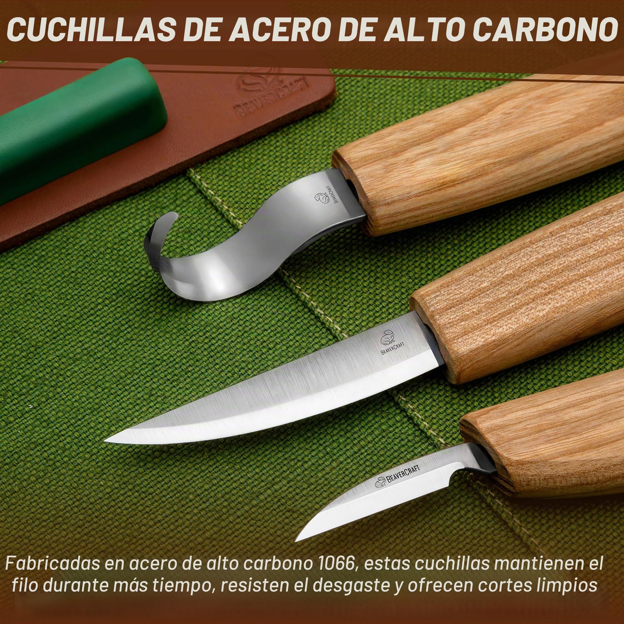 BeaverCraft, S13 Juego de Herramientas para Tallar Madera en Forma de Cuchara 3 Cuchillos Herramientas Rollo de Aserrín de Cuero y Compuesto para Pulir Gancho Cuchillo para Tallar en Forma de Cuchara