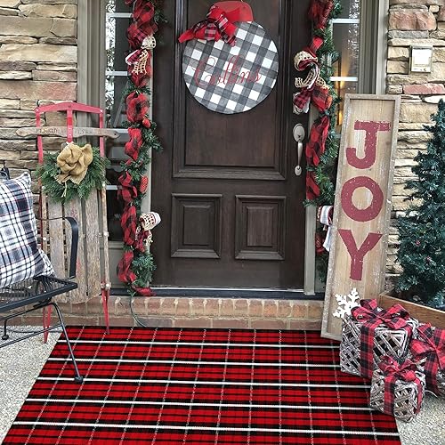 Alfombra de lana cuadriculada de 35 x 59 pulgadas, de algodón navideño, lavable a máquina, para entrada al aire libre, para interiores, porche,