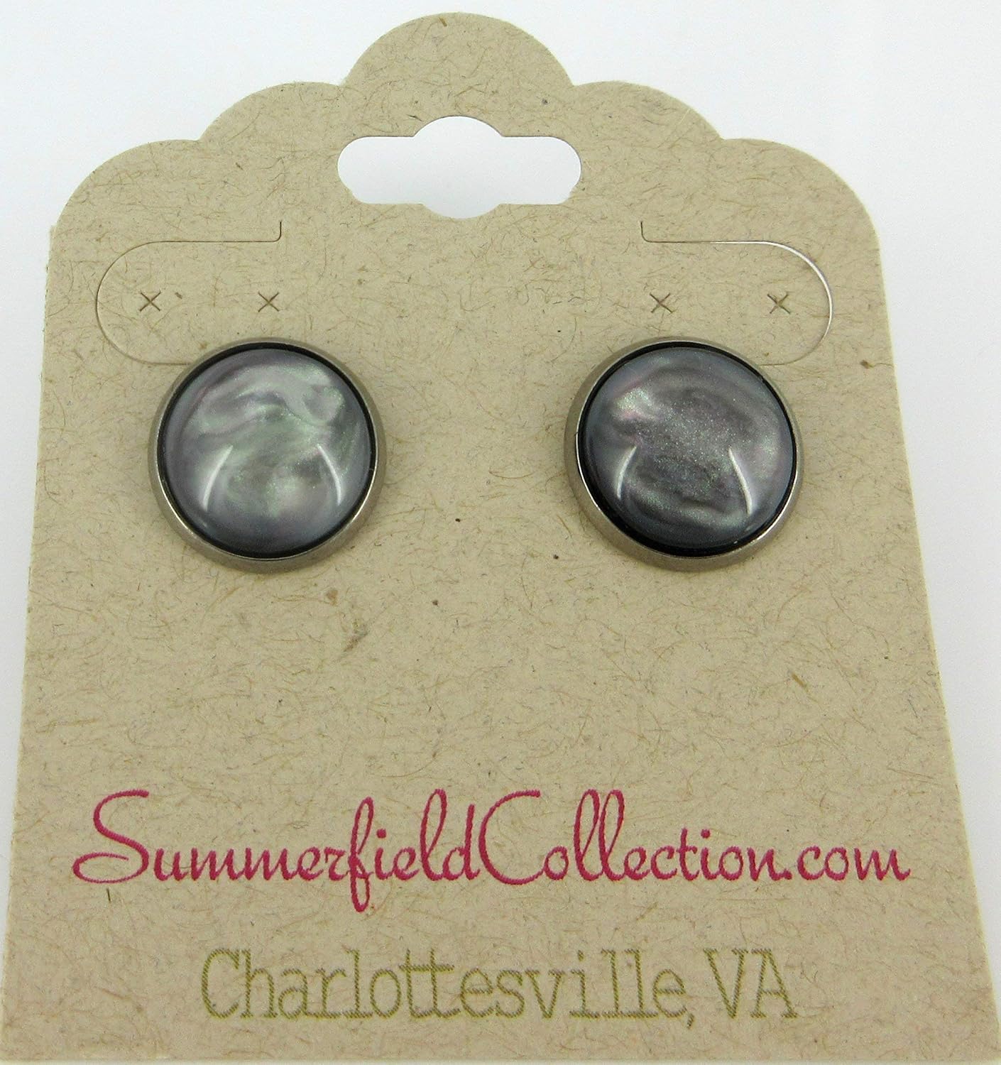 Hematite-tone Faux Stone Resin Stud Earrings 12mm Mystical Gray Pink - Image 8