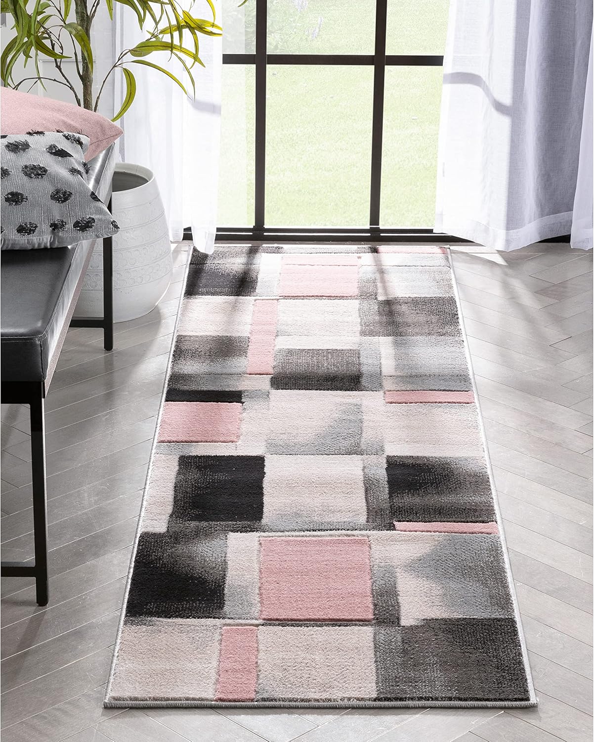Well Woven Lane Blush Pink Modern Geometric Boxes & Squares Pattern Runner Rug (2'7" x 7'3") 2'7" x 7'3" Runner Blush Pink