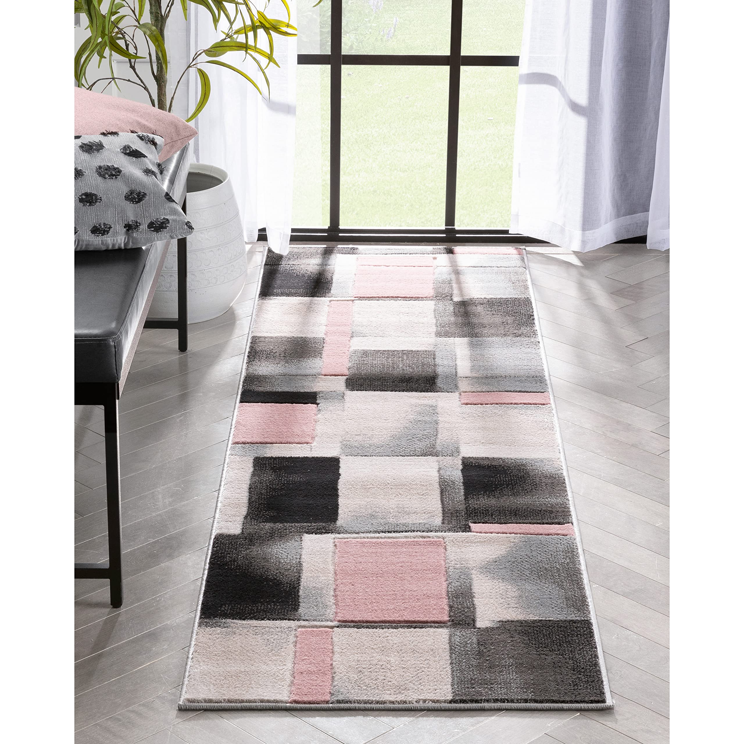 Well Woven Lane Blush Pink Modern Geometric Boxes & Squares Pattern Runner Rug (2'7