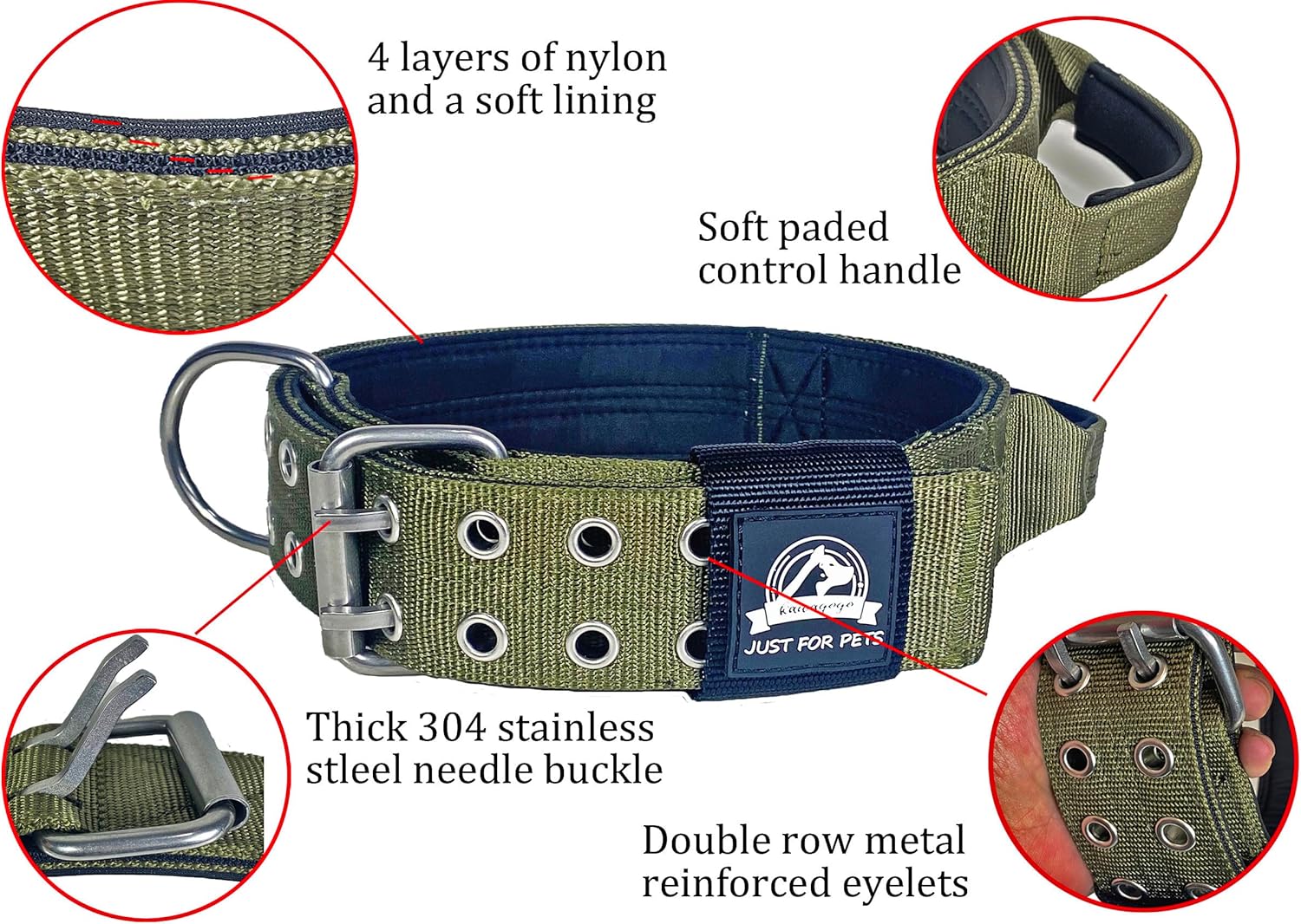 Heavy Duty Dog Collar for Large Dogs, Tactical Military Training Dog Collar with Handle,Thick Strong and Durable (17''-22'', Army Green)