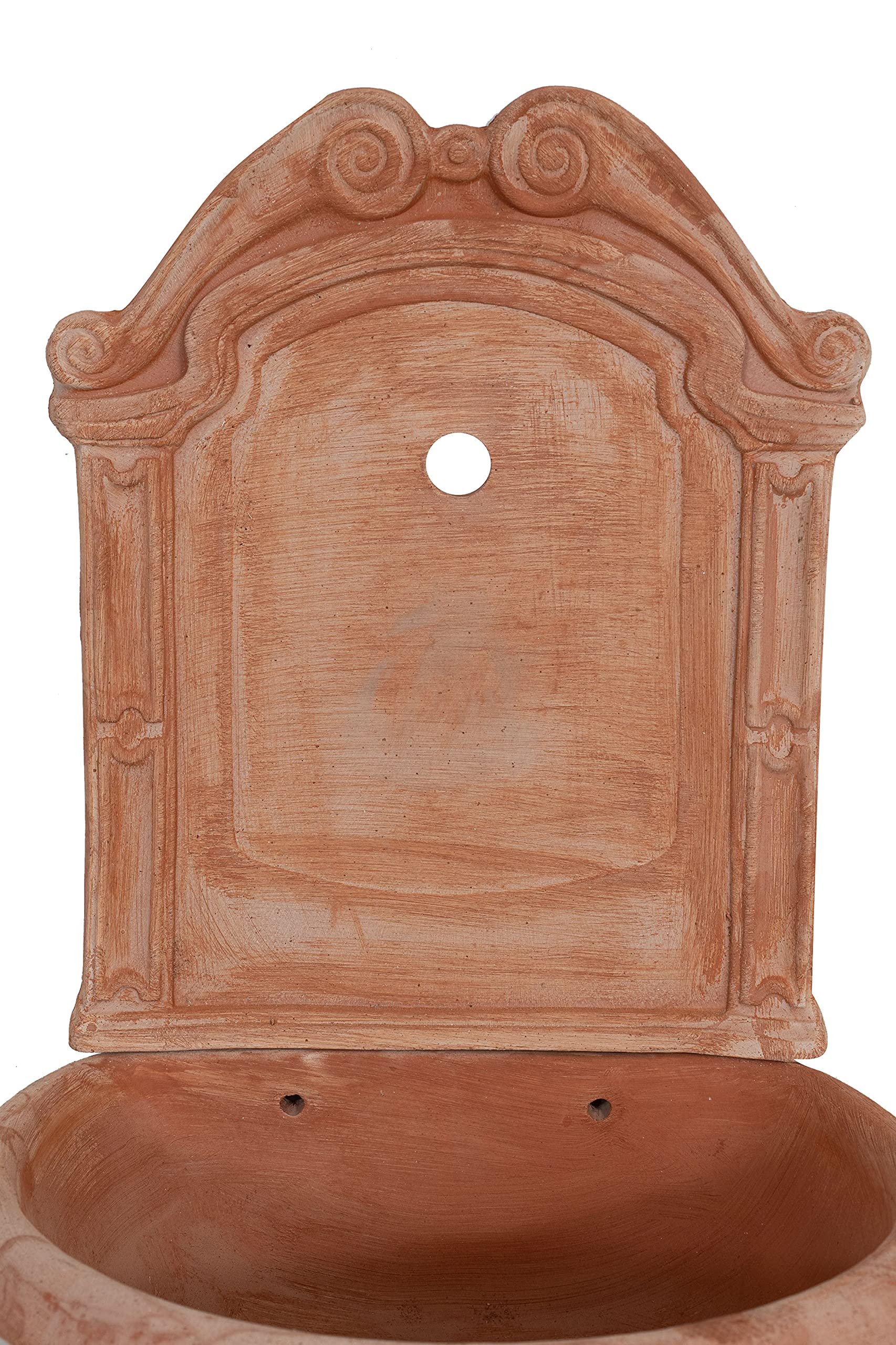 Biscottini Fontaine de jardin extérieure 45 x 36 x 64 cm – Fontaine murale en terre cuite fabriquée à la main – Fontaine de jardin – Fontaine murale – Lavabo décoratif en terre cuite avec baignoire et