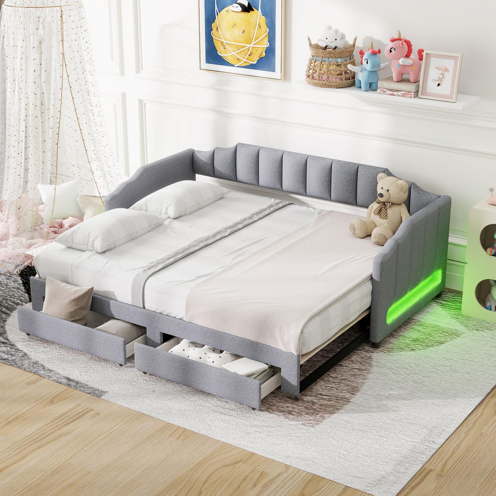 SOFTSEA Twin XL to King Daybed with Storage Drawers & Trundle, Upholstered Daybed with LED Lights, Tufted Sofa Bed Frame with Extendable Trundle for