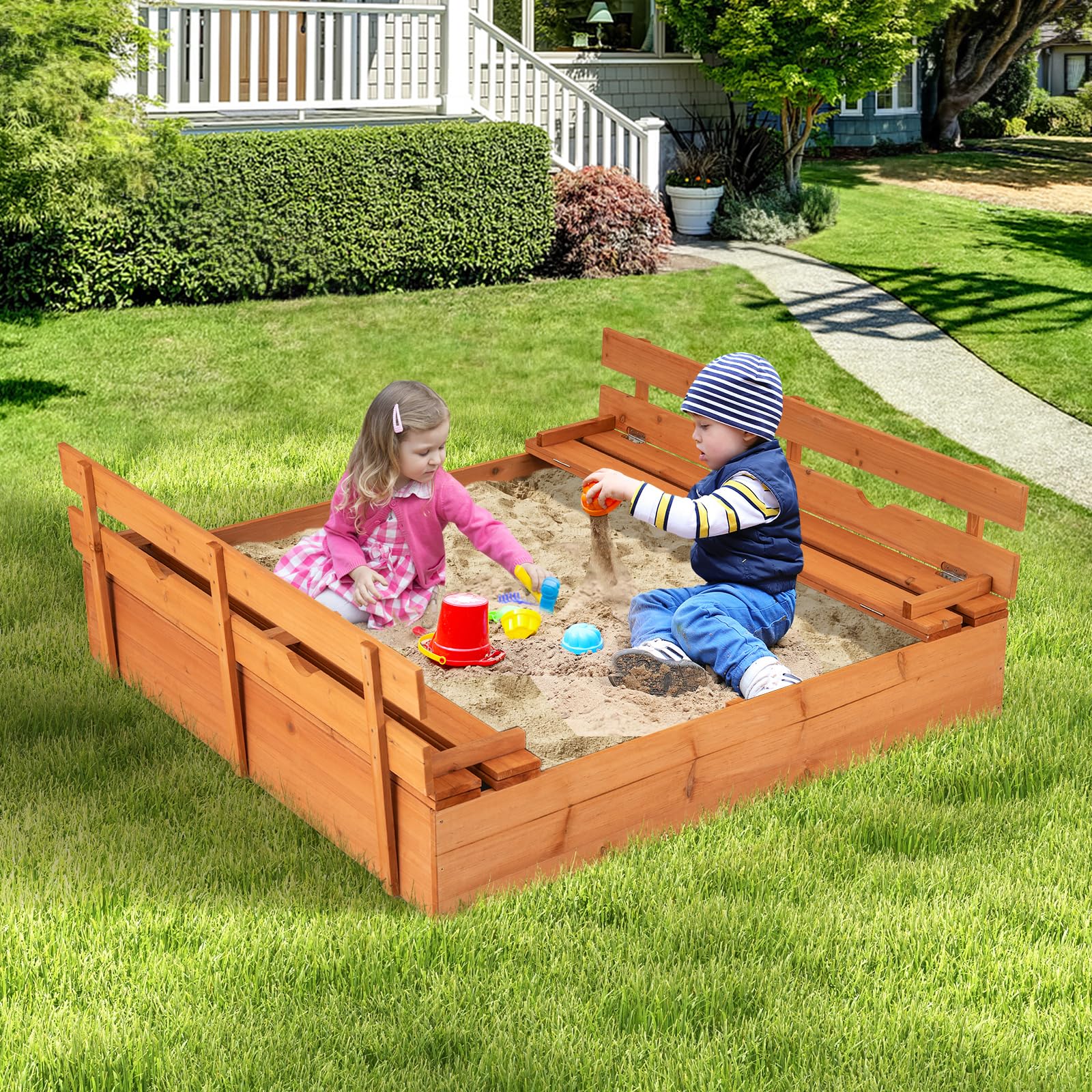 COSTWAY Arenero de Madera, Caja de Arena de con Tapa, Arenero Infantil con Bancos Plegables y Forro de Protección Inferior, Caja de Arena para Playa Patio para Niños de 18+ Meses