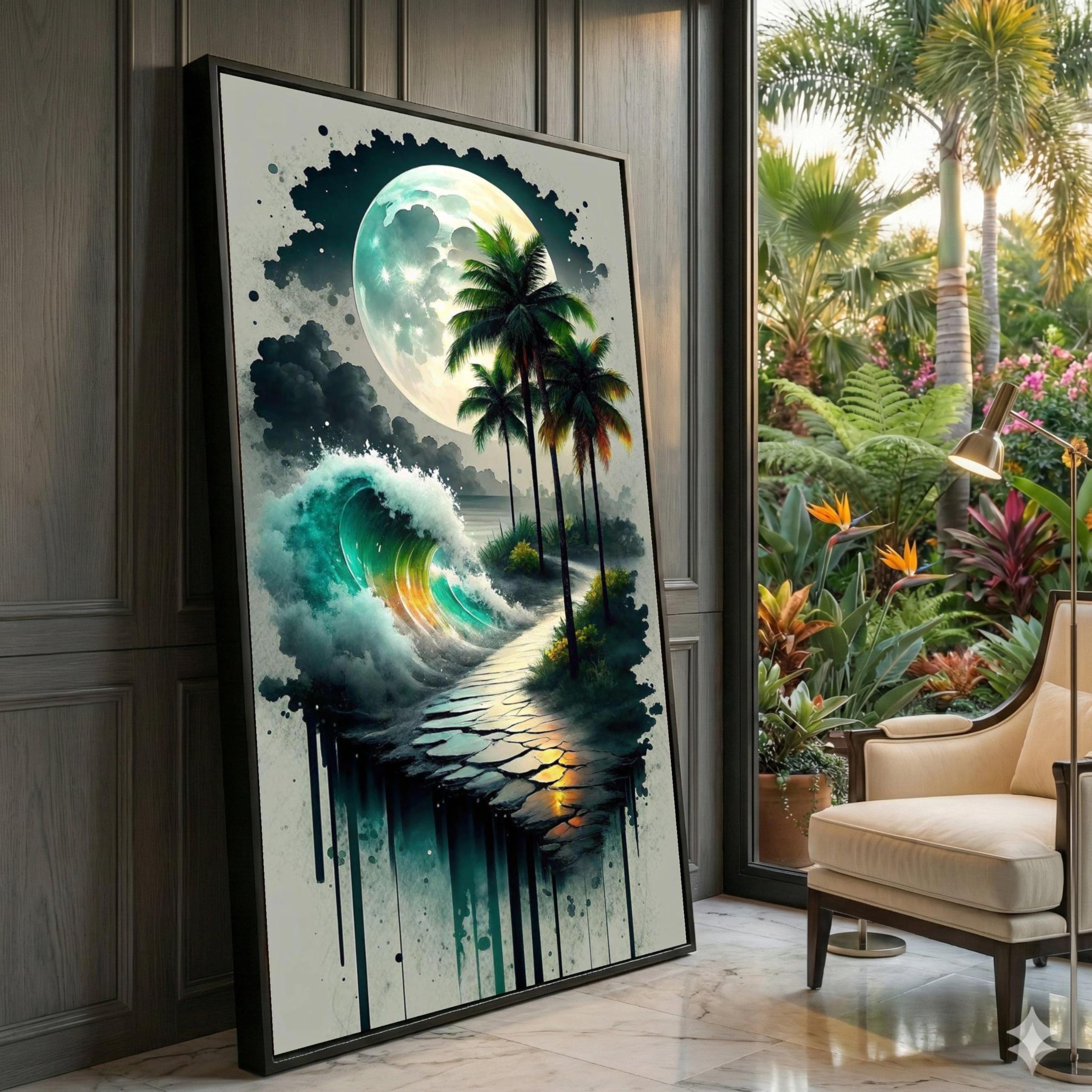 XINBAO Moonlit Night Canvas, Ocean Wave and Palm Trees Wall Art, Surreal Coastal Landscape,Beach Scene Canvas, Nature Painting(80x140cm/Frameless)