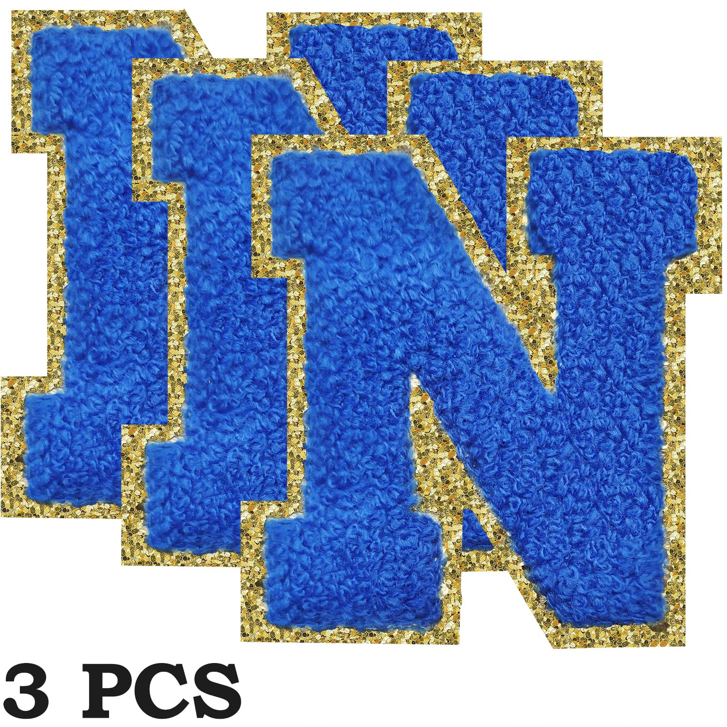 Parches de letras universitarias de chenilla, 3 piezas SPRT para planchar en azul oscuro, parche de tela del alfabeto para decoración de disfraces de equipo, 3.1 pulgadas de altura N (3 piezas)