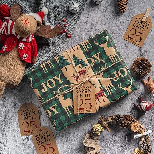 Miniatura 5 de RUSPEPA Papel para regalo de Navidad, papel madera - Diseño a cuadros rojos y verdes - 4 rollos - 30 pulgadas x 10 pies por rollo