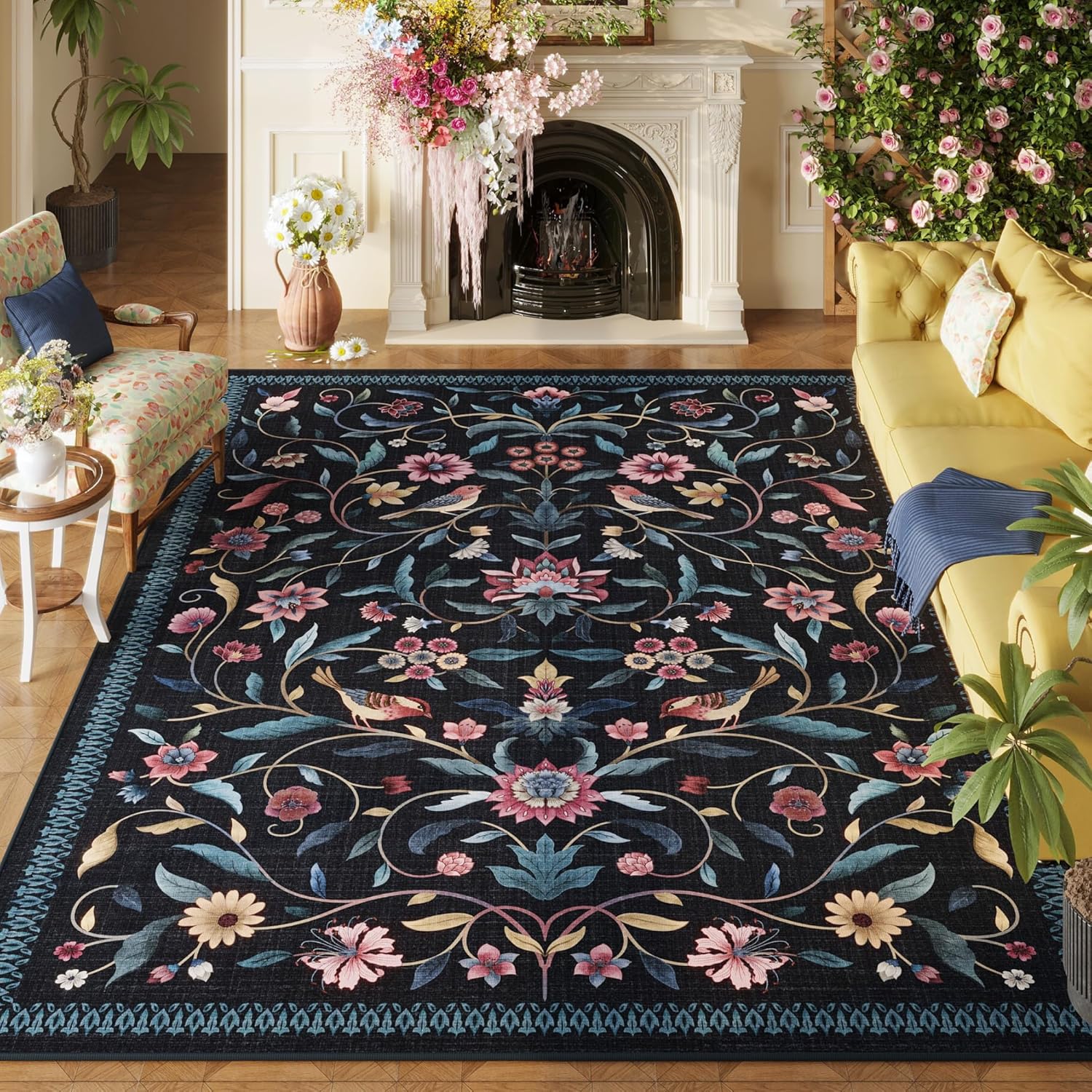 Vintage Medallion Floral Runner Rug Non Slip 2x10, Machine Washable, Soft Low Pile Long Carpet for Hallways, Laundry, Bedroom, Bathroom, Entryway | Black