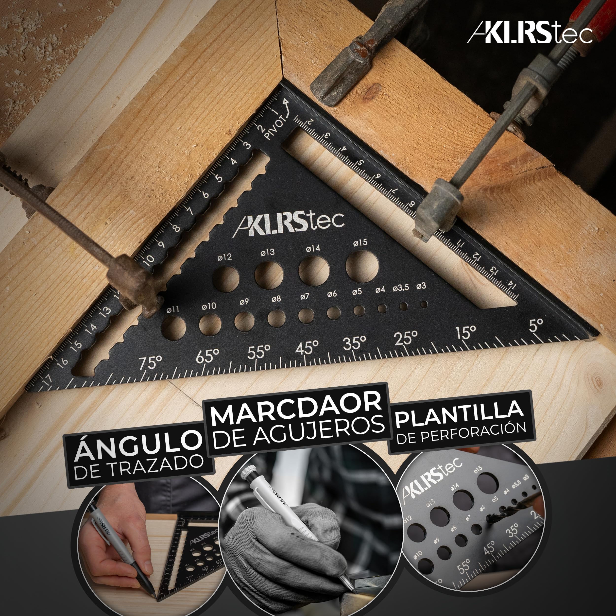 KLRStec Escuadra de Carpintero Profesional – Juego de Herramientas para la madera multifunción. Lapiz de carpintero y minas de repuesto incluido [7 Piezas]