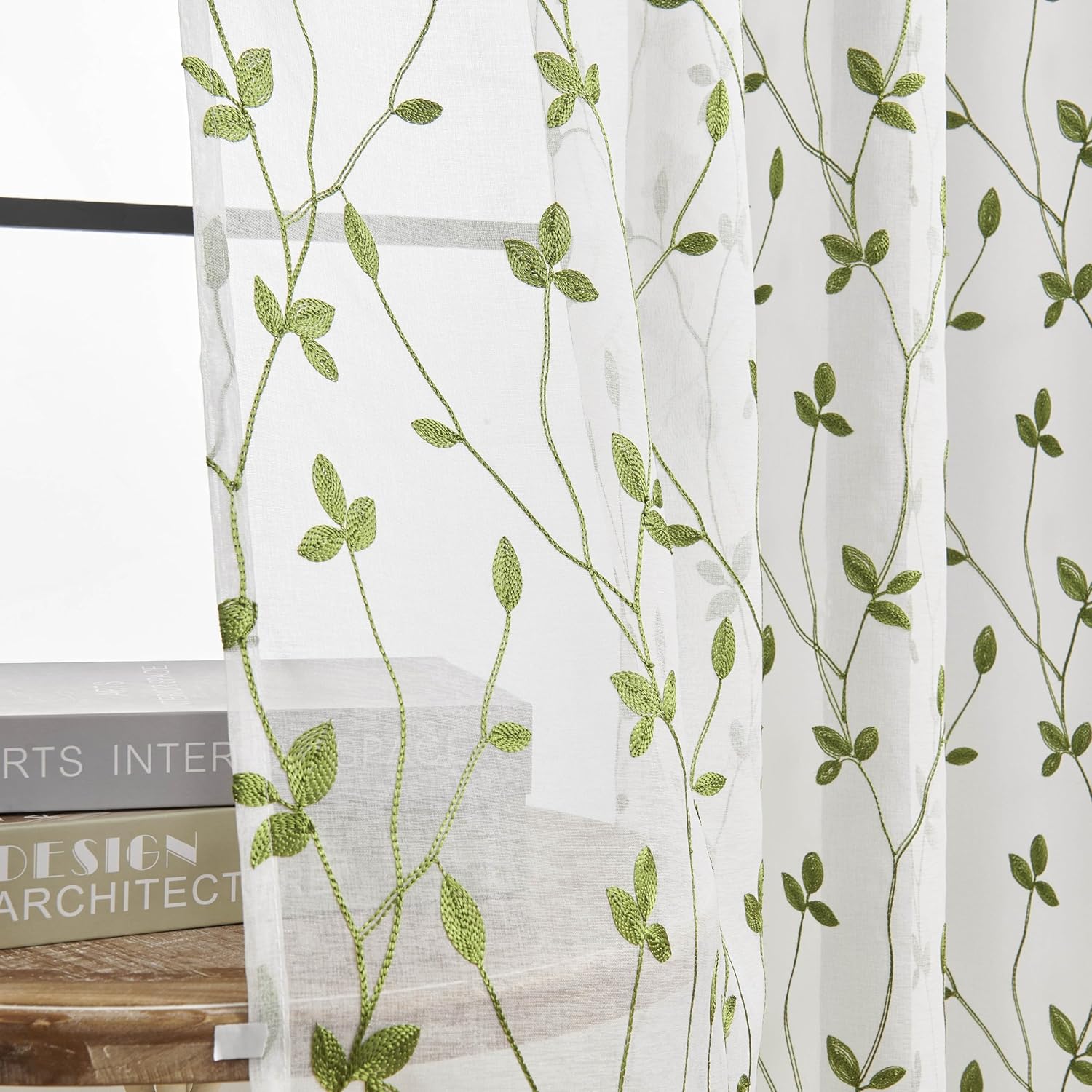 WUBODTI Sage Green Leaf Embroidered Sheer Curtains 72 Inches Long 2 Panels Set for Living Room, Spring Vintage Rod Pocket Light Filtering Faux Linen Leaves Patterned Curtains for Bedroom Dining Room
