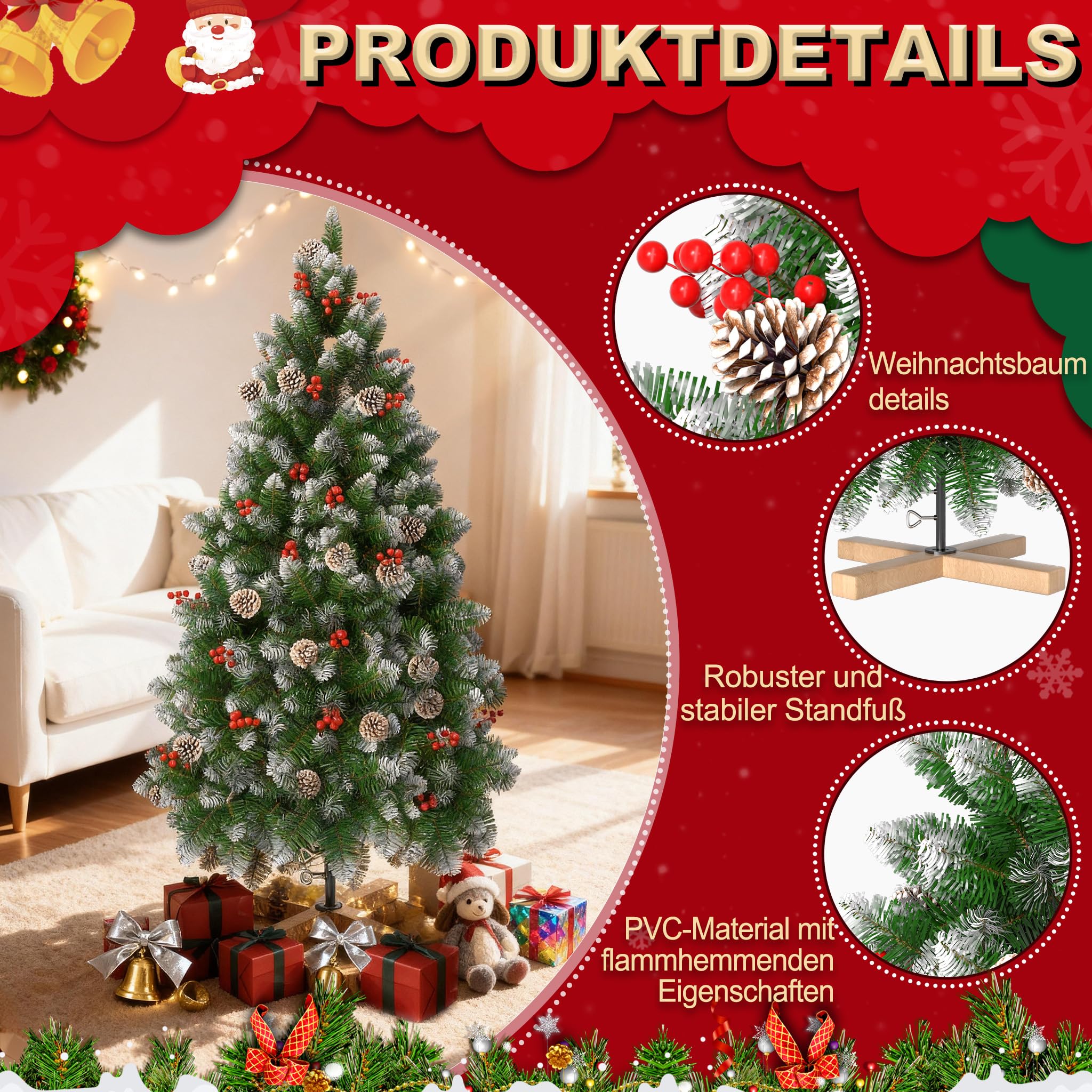 LILIIN Albero di Natale artificiale da 150 cm, effetto neve con pigne e bacche rosse, in PVC, con supporto, Ø 95 cm, albero di Natale infiammabile, per decorazioni natalizie