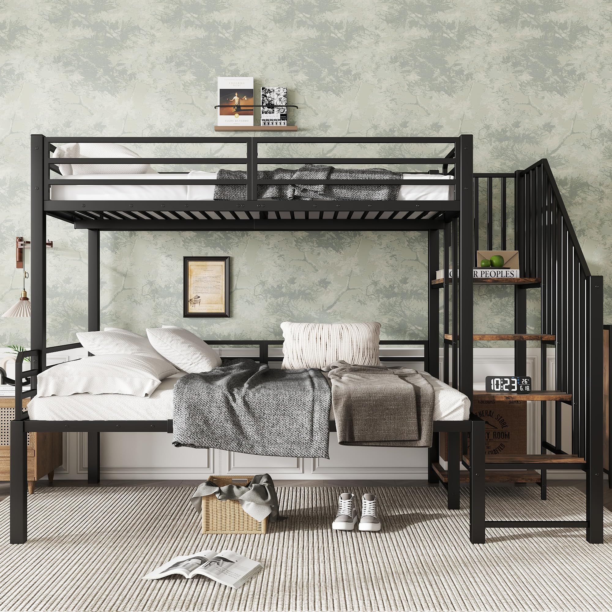 LAKFEW Litera de Metal 90x200 & 120x200 cm con Escalera y Barandilla Anticaída, Cama Infantil con Estante, Cama para Niños, Literas para Adultos, Literas Juveniles, Negro, Sin Colchon