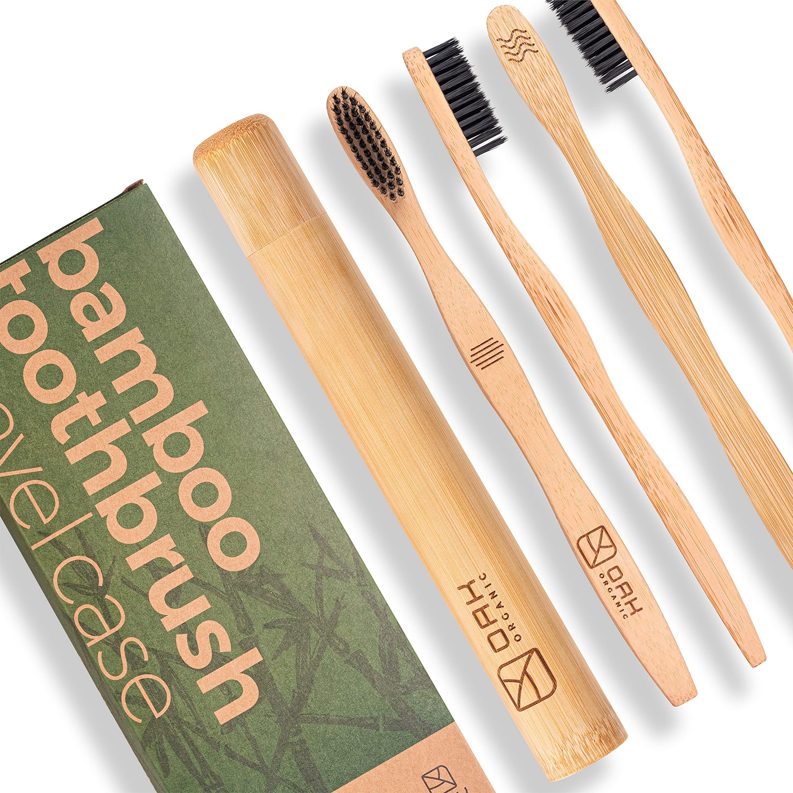 OAK ORGANIC Charcoal Toothbrush โ Get Sparkling Clean Teeth โ Natural Soft Bamboo Charcoal Toothbrush with Travel Case โ Biodegradable Wooden Eco Toothbrush โ 4 Set - EARTH, AIR, FIRE, WATER
