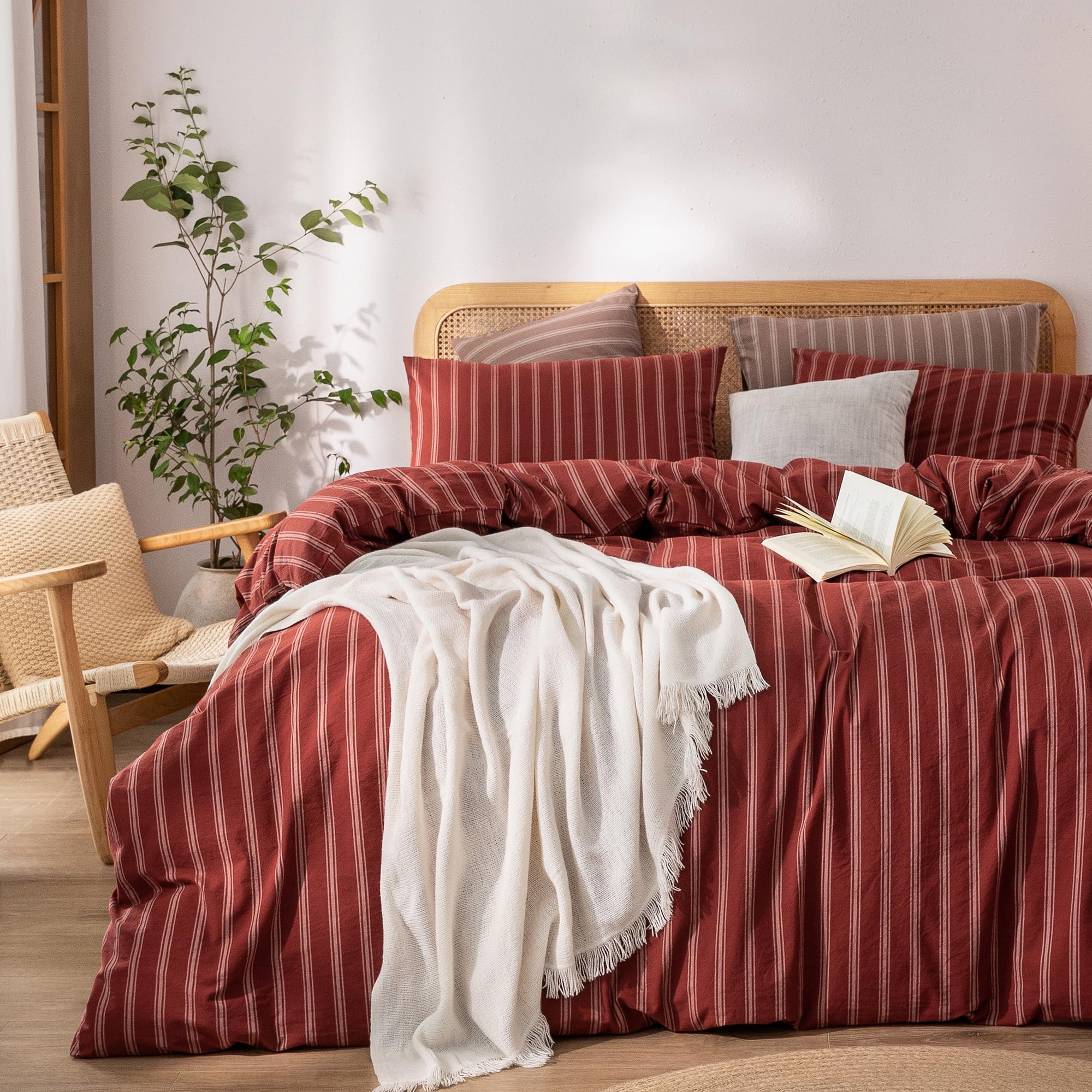 BESTOUCH Striped Cotton Duvet Cover Set Linen Feel Full
