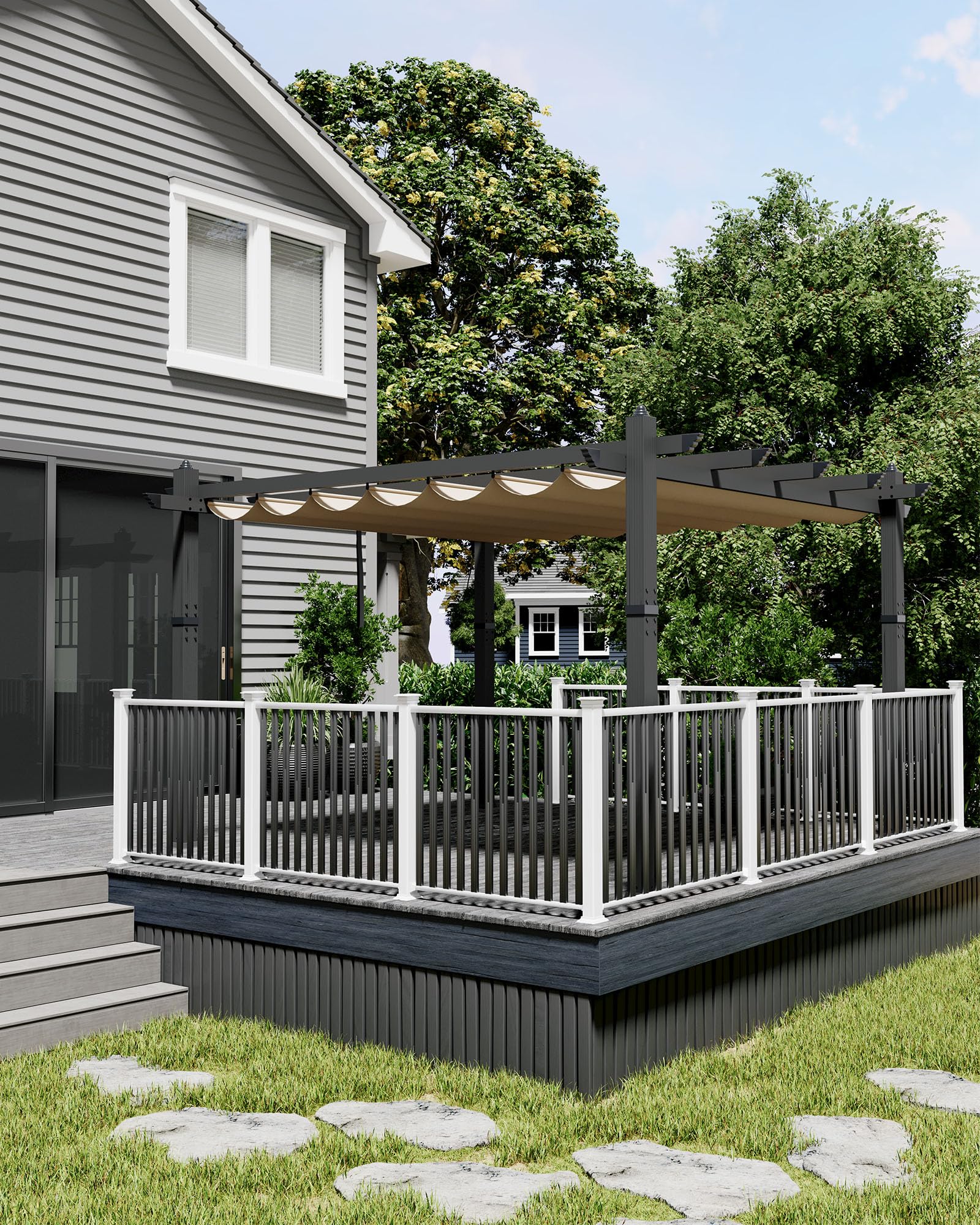 KYBOLT 10x13 Ft Aluminum Pergola with Retractable Canopy Metal Gazebo for Garden Modern Backyard Deck Grape Trellis(Khaki)