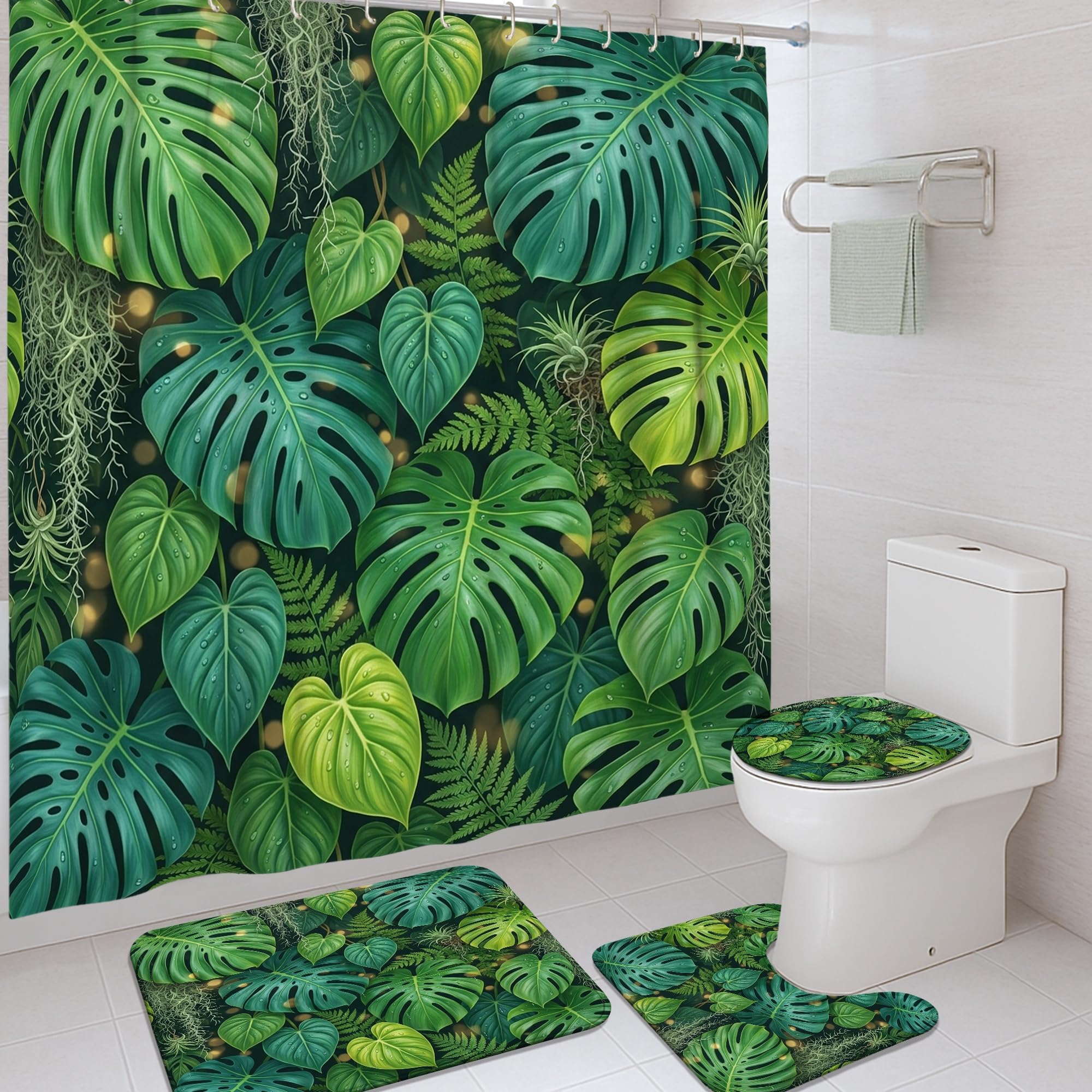 Rideau de douche Monstera vert avec tapis de bain et crochets 183x183cm