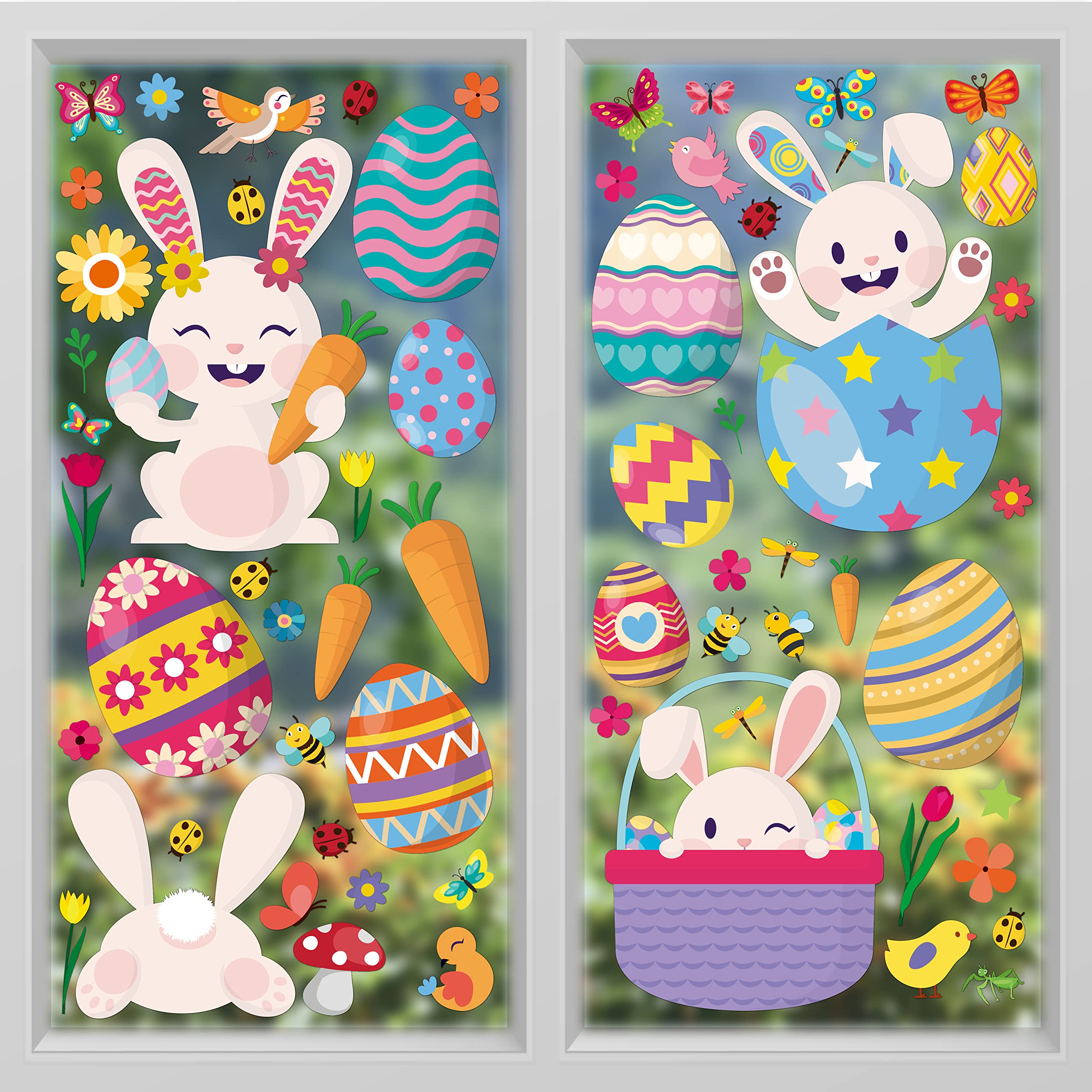 Walplus Happy Bunnies Easter 150 Pcs Easter Egg Window Stickers Peel And Stick Easter Window Stickers Reusable Easter Bunny Stickers Double Sided Easter Window Decals Window Clings