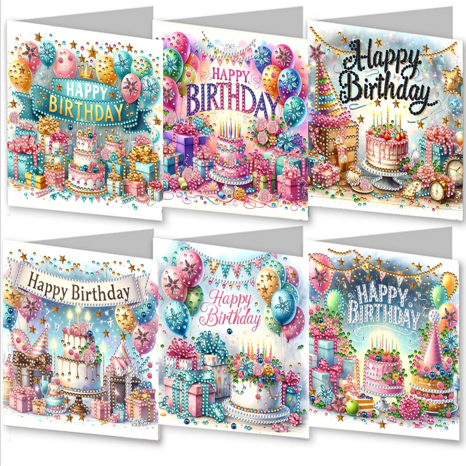 AYUCHYN ART 6 Pack Happy Birthday Mixed Greeting Cards | 5D DIY Diamond Painting Crystal Art Cards Making Kit with Envelopes & Full Tools | Xmas Cards Gift Postcards for Handmade 30×15cm (Birthday)