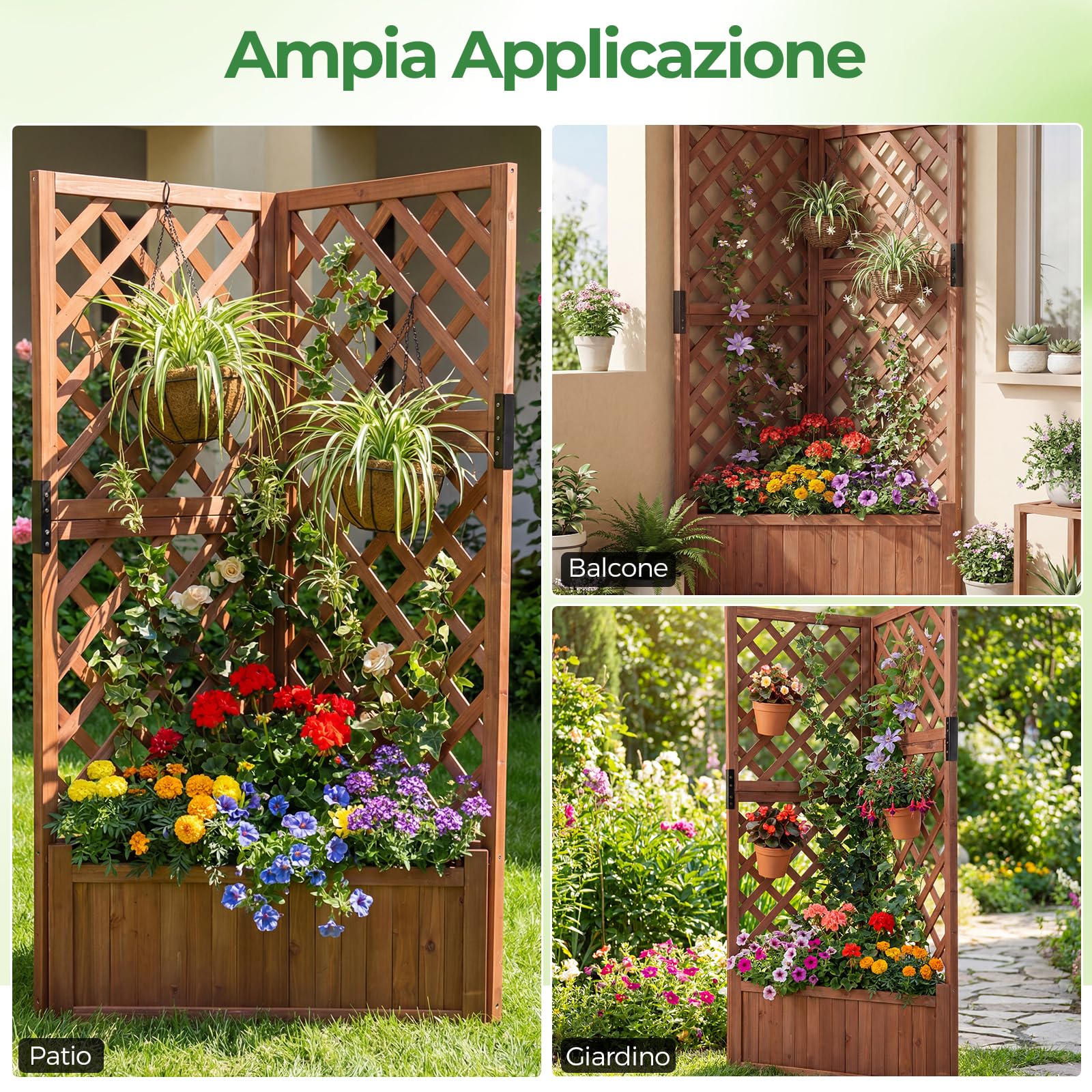 RELAX4LIFE 2 IN 1 Fioriera da Esterno, Orto Rialzato da Esterno in Legno di Abete con Grigliato, Drenaggio, Fioriera Angolare per Piante Rampicanti, Orto, per Balcone e Giardino, 55x55x140cm (Marrone)
