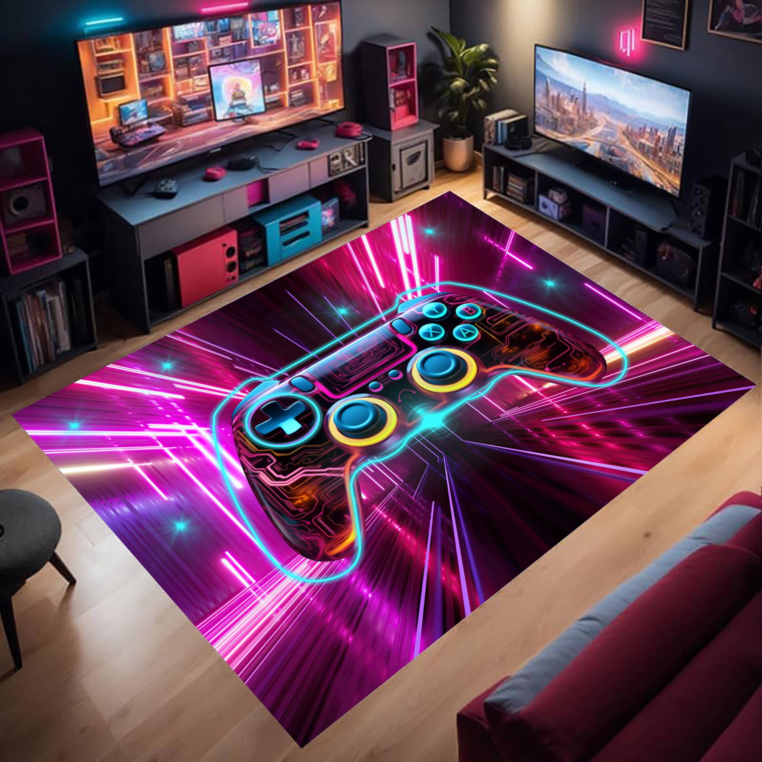 ZCLRUG Game Rug 120x180cm 3D Neon Space Bedroom Area Rug Cool Joystick Floor Carpet for Teenagers Children Game Consoles Living Room Carpet Washable Non-slip Soft Bedside Mat for Girls Room